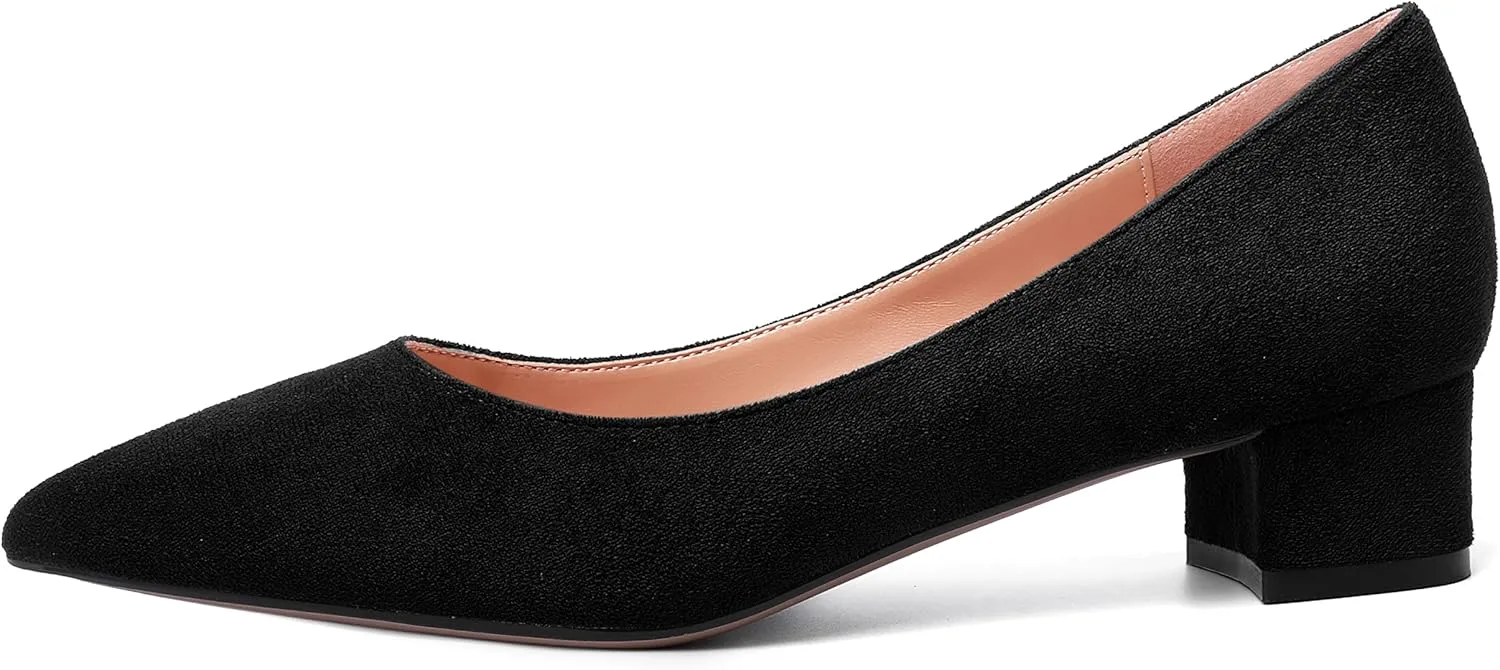 SHOWFOREST Womens Business Slip On Formal Suede Pointed Toe Solid Thick Chunky Low Heel Pumps Shoes 1.5 Inch
