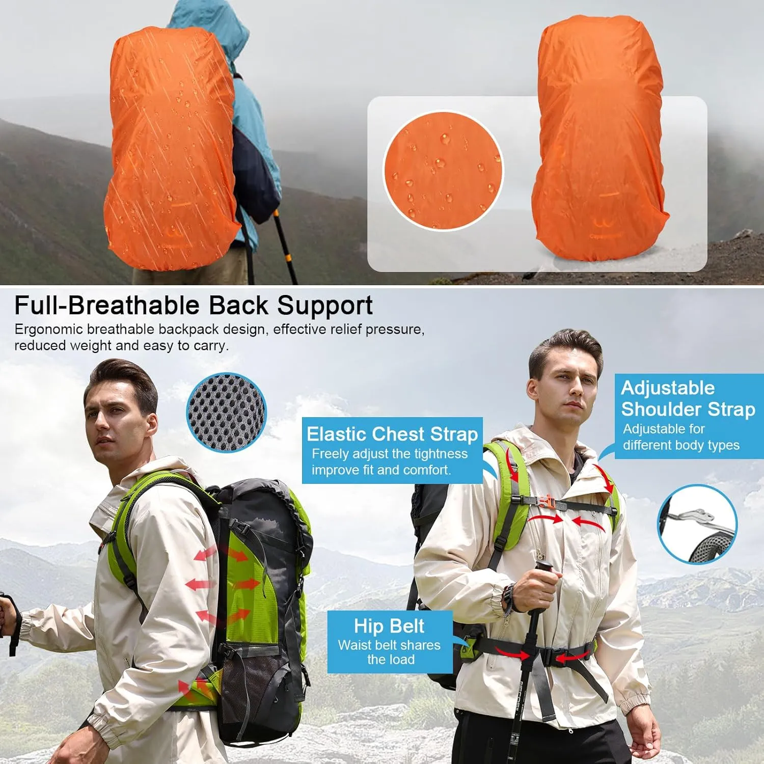 ShowyLive 70L Hiking Backpack - Lightweight Waterproof Travel Backpack for Men & Women, Large Camping Bag with Rain Cover & Adjustable Straps (Orange)