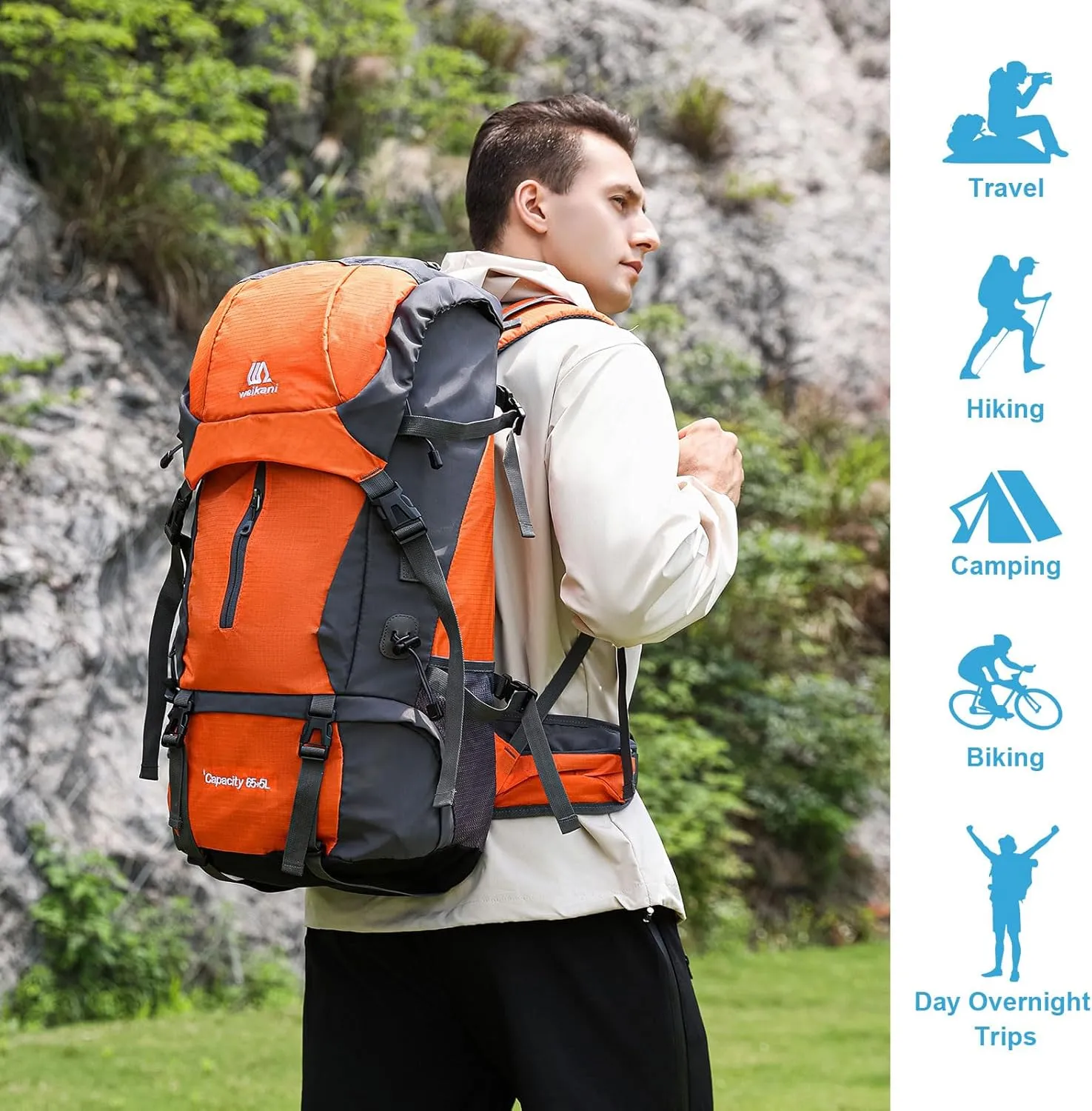ShowyLive 70L Hiking Backpack - Lightweight Waterproof Travel Backpack for Men & Women, Large Camping Bag with Rain Cover & Adjustable Straps (Orange)
