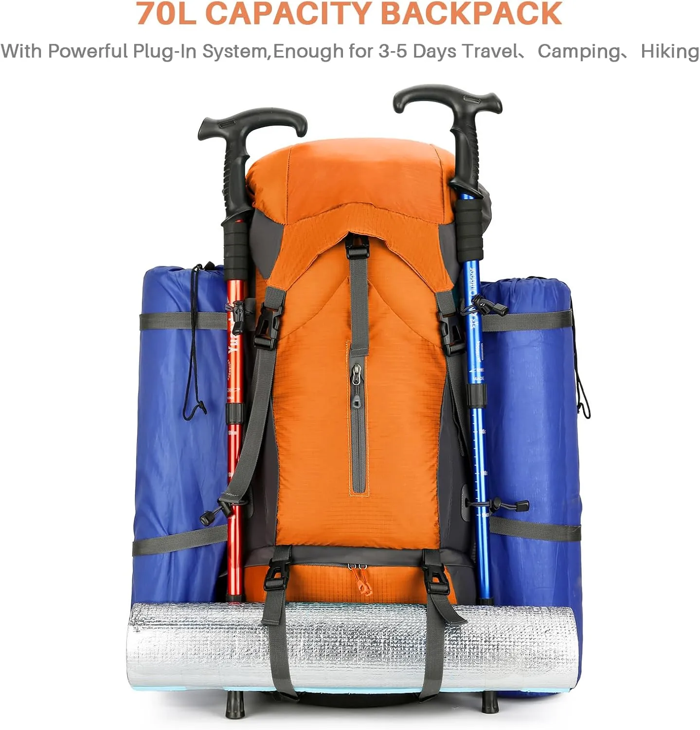 ShowyLive 70L Hiking Backpack - Lightweight Waterproof Travel Backpack for Men & Women, Large Camping Bag with Rain Cover & Adjustable Straps (Orange)