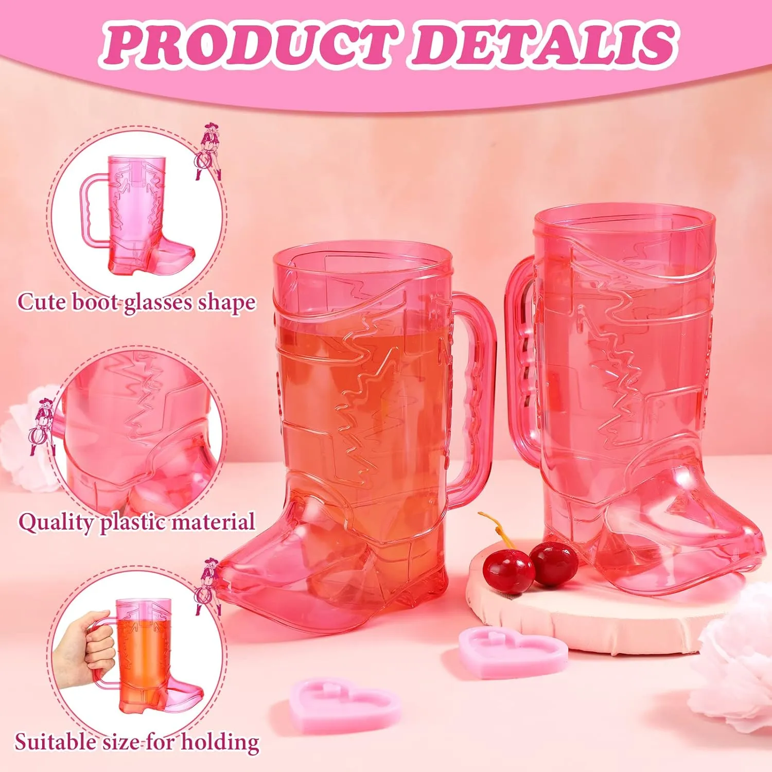 Sieral 6 Pieces Cowgirl Cowboy Boot Mugs 16 oz Plastic Large Cowgirl Boot Shot Glasses Pink Drink Cups Mug with Handle for Western Theme Bachelorette Party Birthday Supplies
