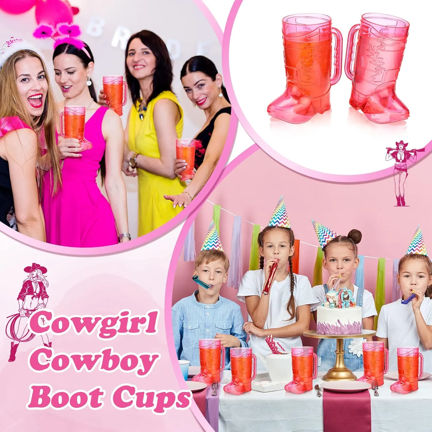 Sieral 6 Pieces Cowgirl Cowboy Boot Mugs 16 oz Plastic Large Cowgirl Boot Shot Glasses Pink Drink Cups Mug with Handle for Western Theme Bachelorette Party Birthday Supplies