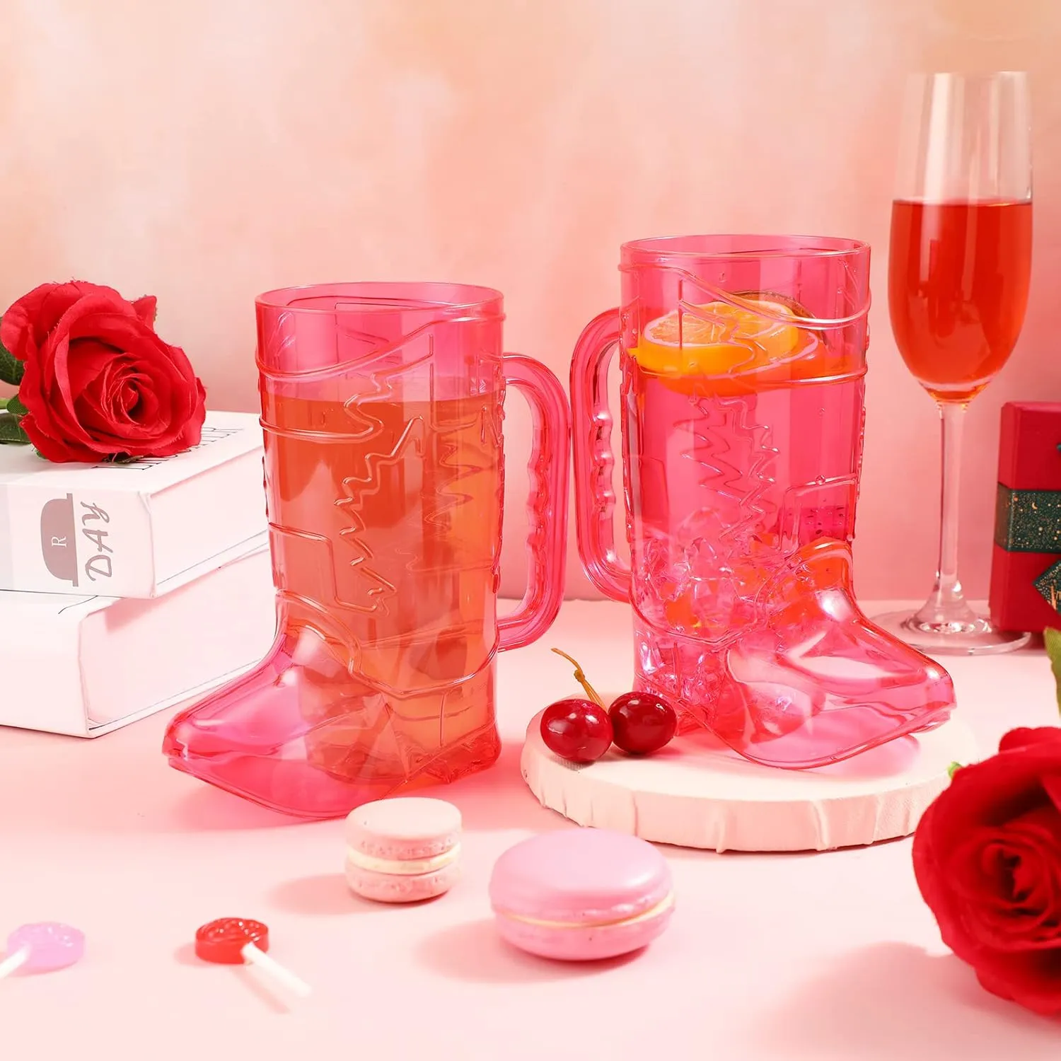 Sieral 6 Pieces Cowgirl Cowboy Boot Mugs 16 oz Plastic Large Cowgirl Boot Shot Glasses Pink Drink Cups Mug with Handle for Western Theme Bachelorette Party Birthday Supplies