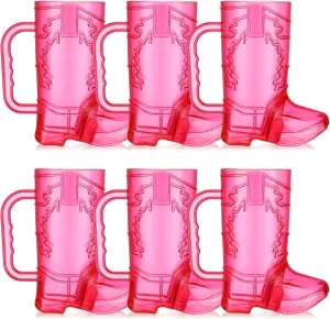 Sieral 6 Pieces Cowgirl Cowboy Boot Mugs 16 oz Plastic Large Cowgirl Boot Shot Glasses Pink Drink Cups Mug with Handle for Western Theme Bachelorette Party Birthday Supplies