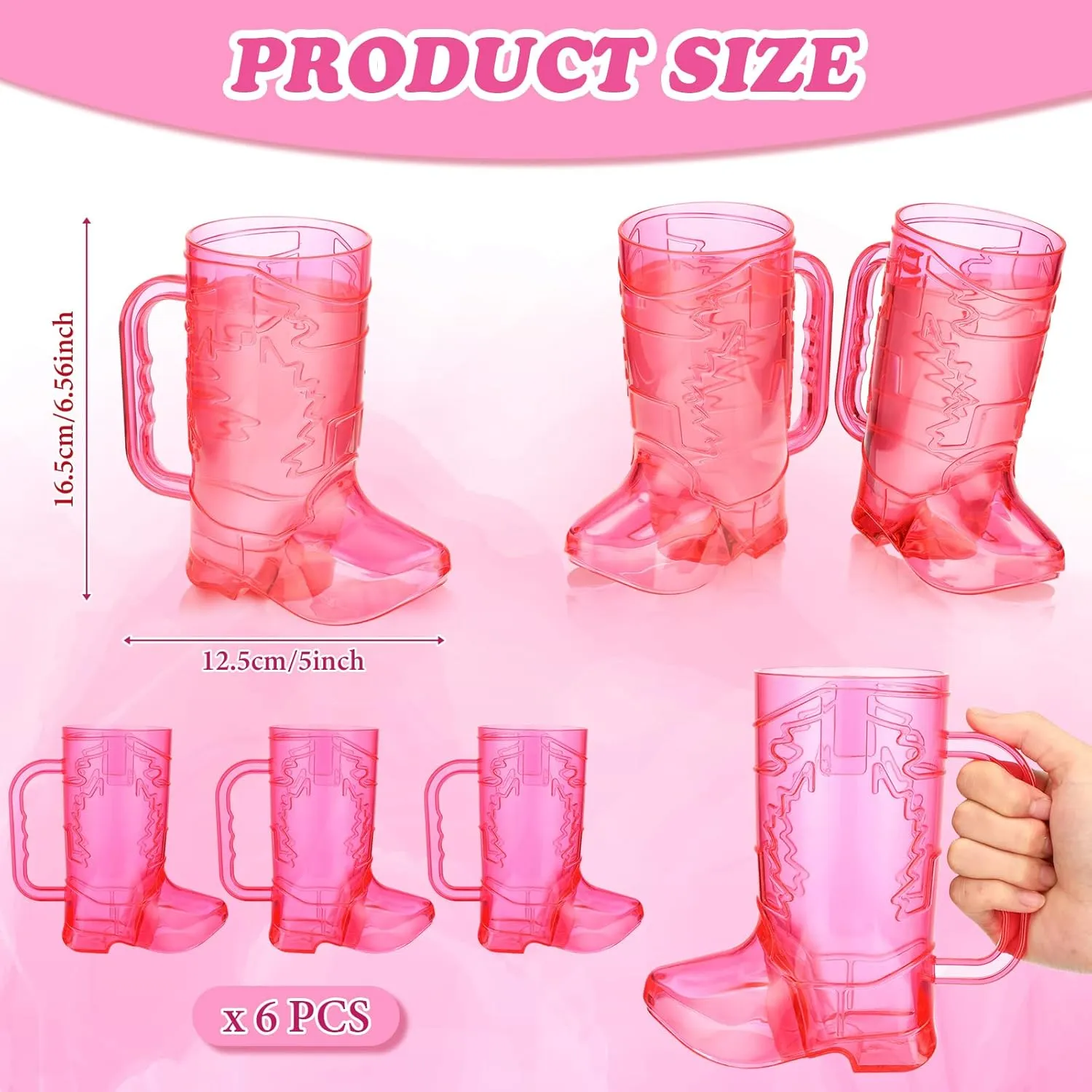 Sieral 6 Pieces Cowgirl Cowboy Boot Mugs 16 oz Plastic Large Cowgirl Boot Shot Glasses Pink Drink Cups Mug with Handle for Western Theme Bachelorette Party Birthday Supplies