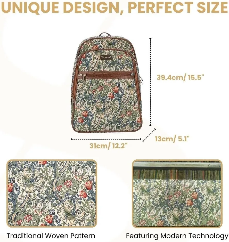 Signare Tapestry Backpack for Women Computer Rucksack Knapsack bookbags for women In Golden Lily Design (BKPK-GLILY)