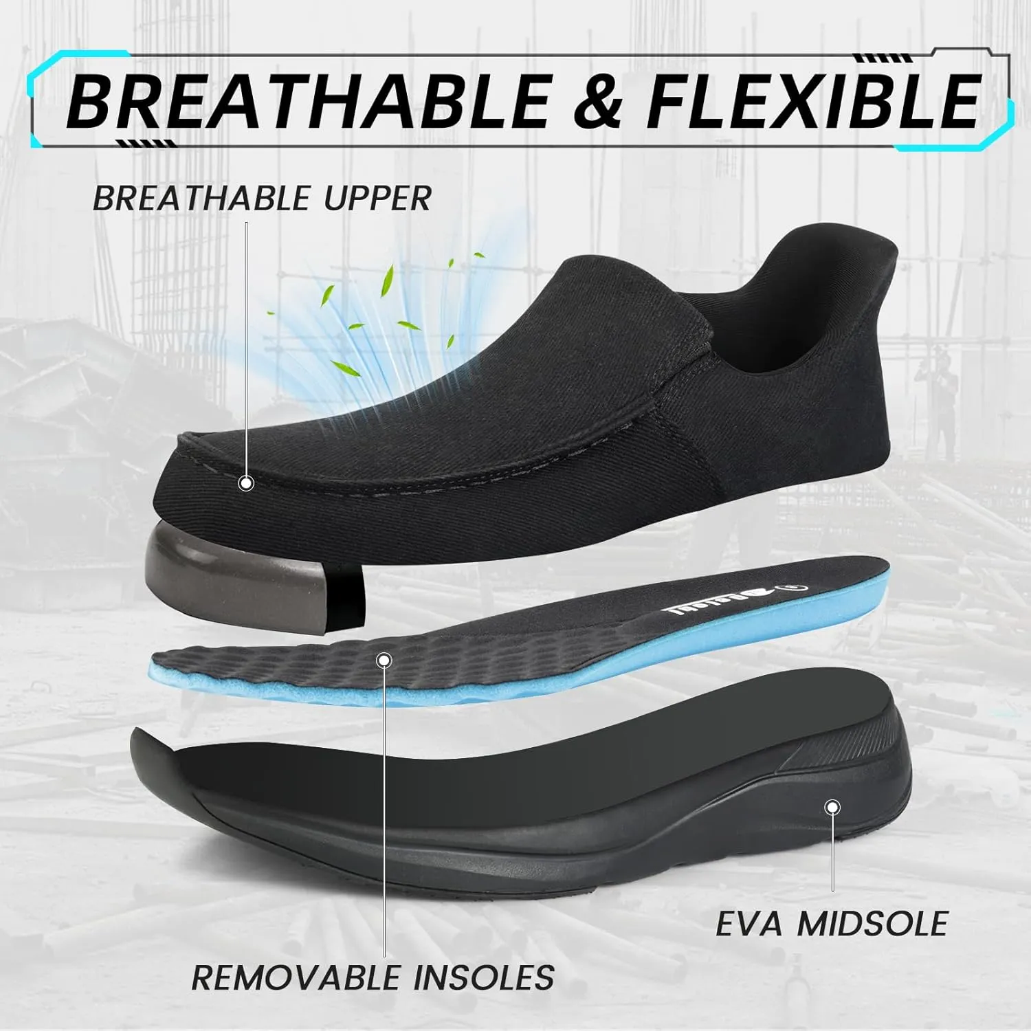 Slip On Steel Toe Shoes for Men Comfortable Hands Free Lightweight Work Shoes Safety Toe Industrial Construction Shoes