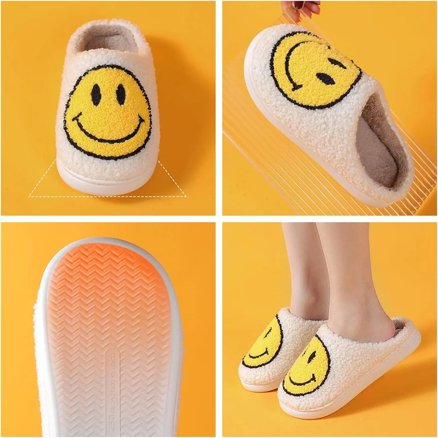 Smile Face Slippers for Women - Soft Plush Retro Preppy Slip-on Comfortable Indoor/Outdoor Shoes