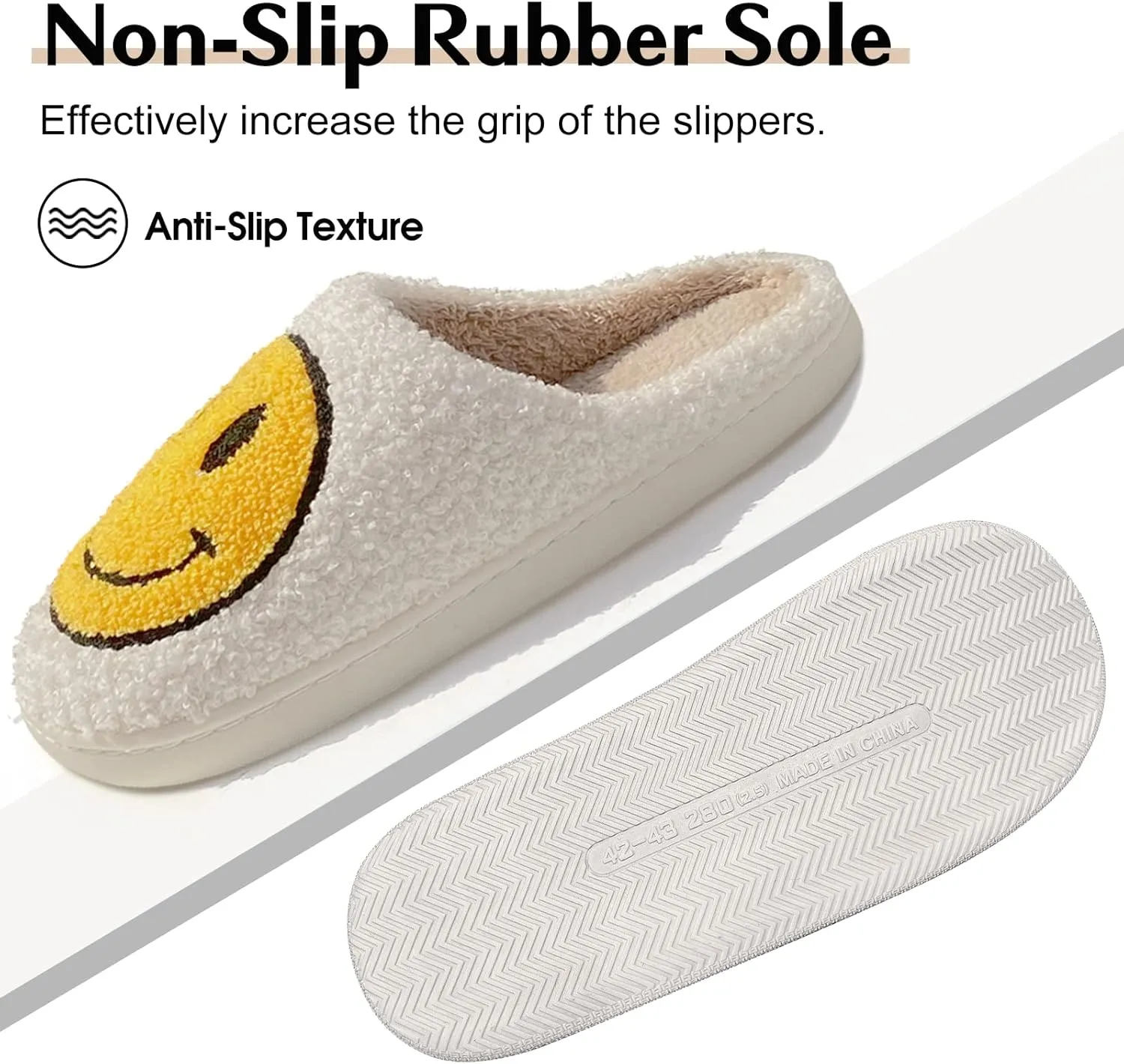 Smile Face Slippers for Women - Soft Plush Retro Preppy Slip-on Comfortable Indoor/Outdoor Shoes