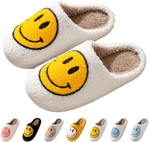 Smile Face Slippers for Women - Soft Plush Retro Preppy Slip-on Comfortable Indoor/Outdoor Shoes
