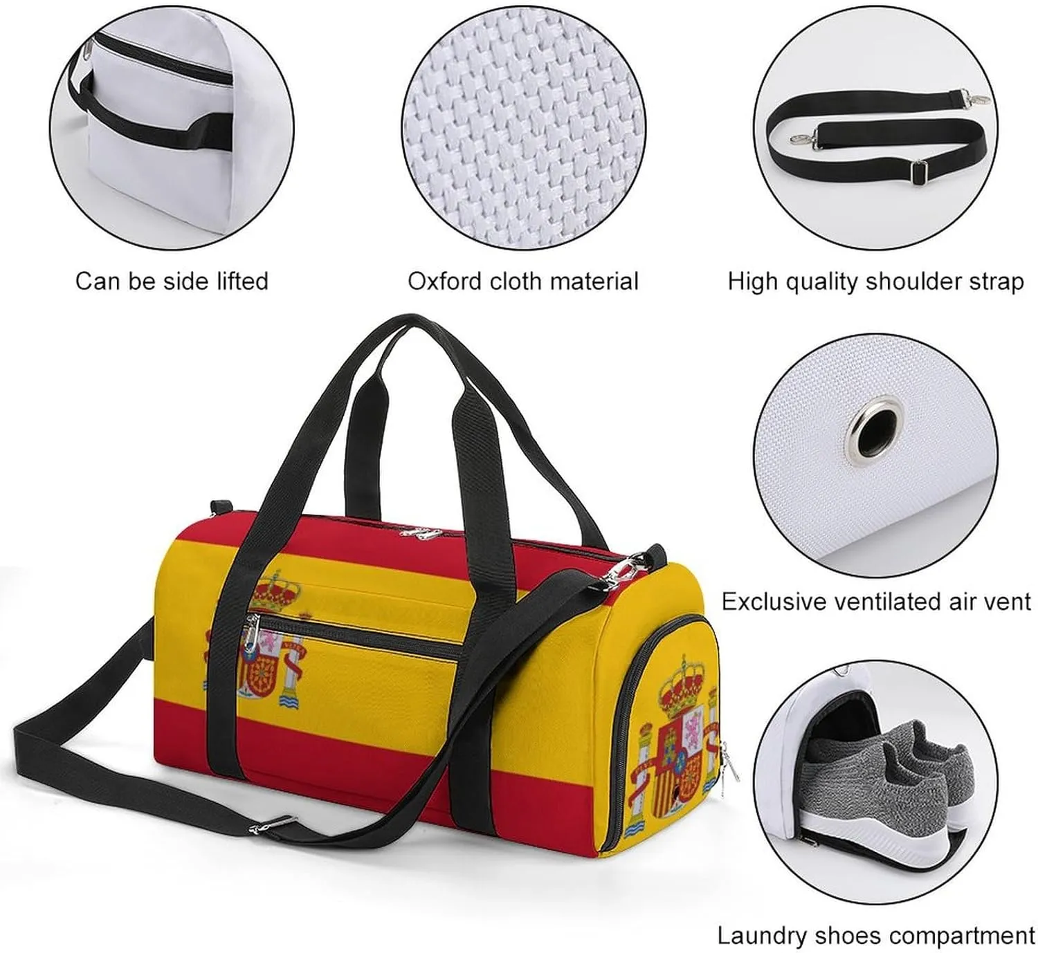 Spain Flag Gym Duffel Bag for Men Women Shoe Compartment Waterproof Lightweight Weekender