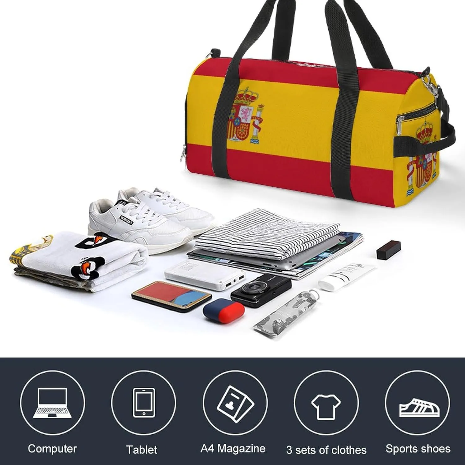 Spain Flag Gym Duffel Bag for Men Women Shoe Compartment Waterproof Lightweight Weekender