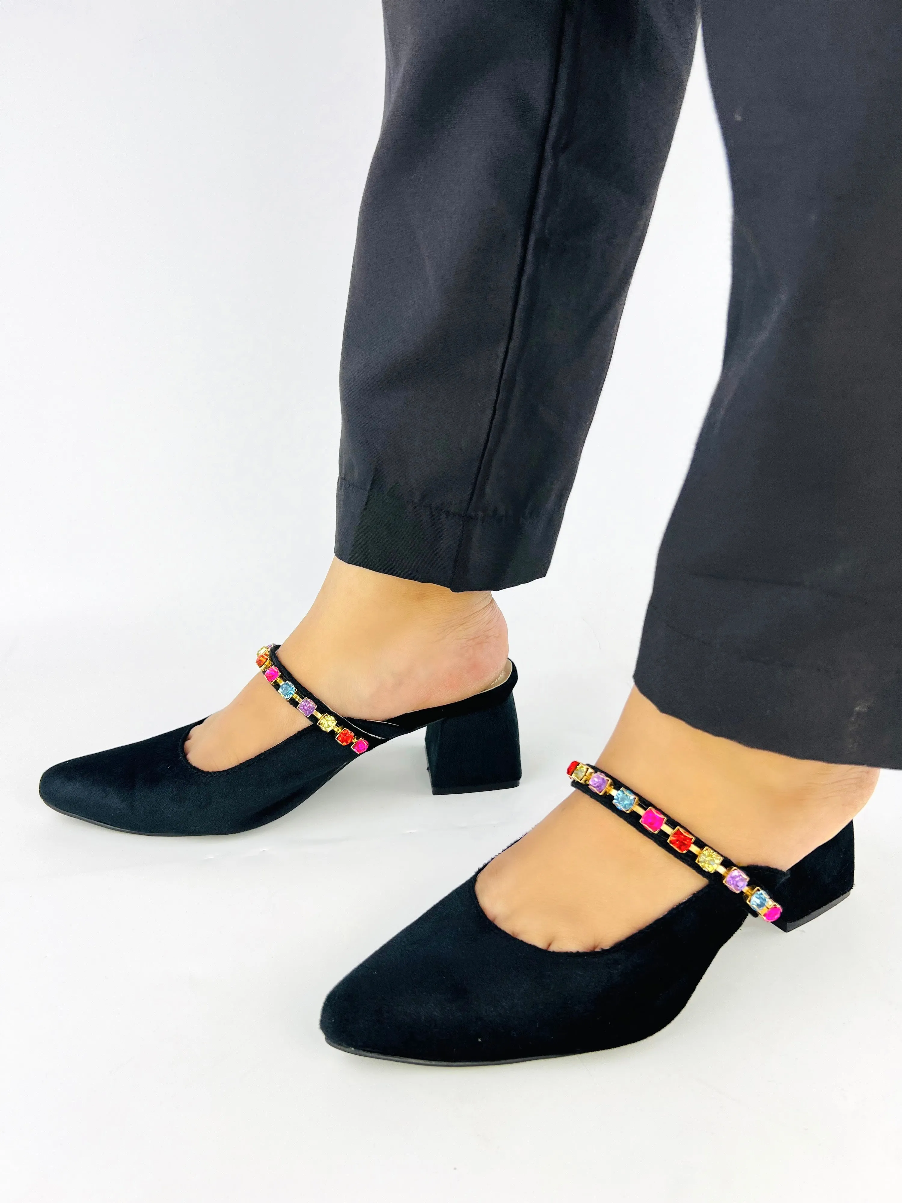 Spunkz Jewel Velvet Loafer Block Heel Shoes for Women-11006