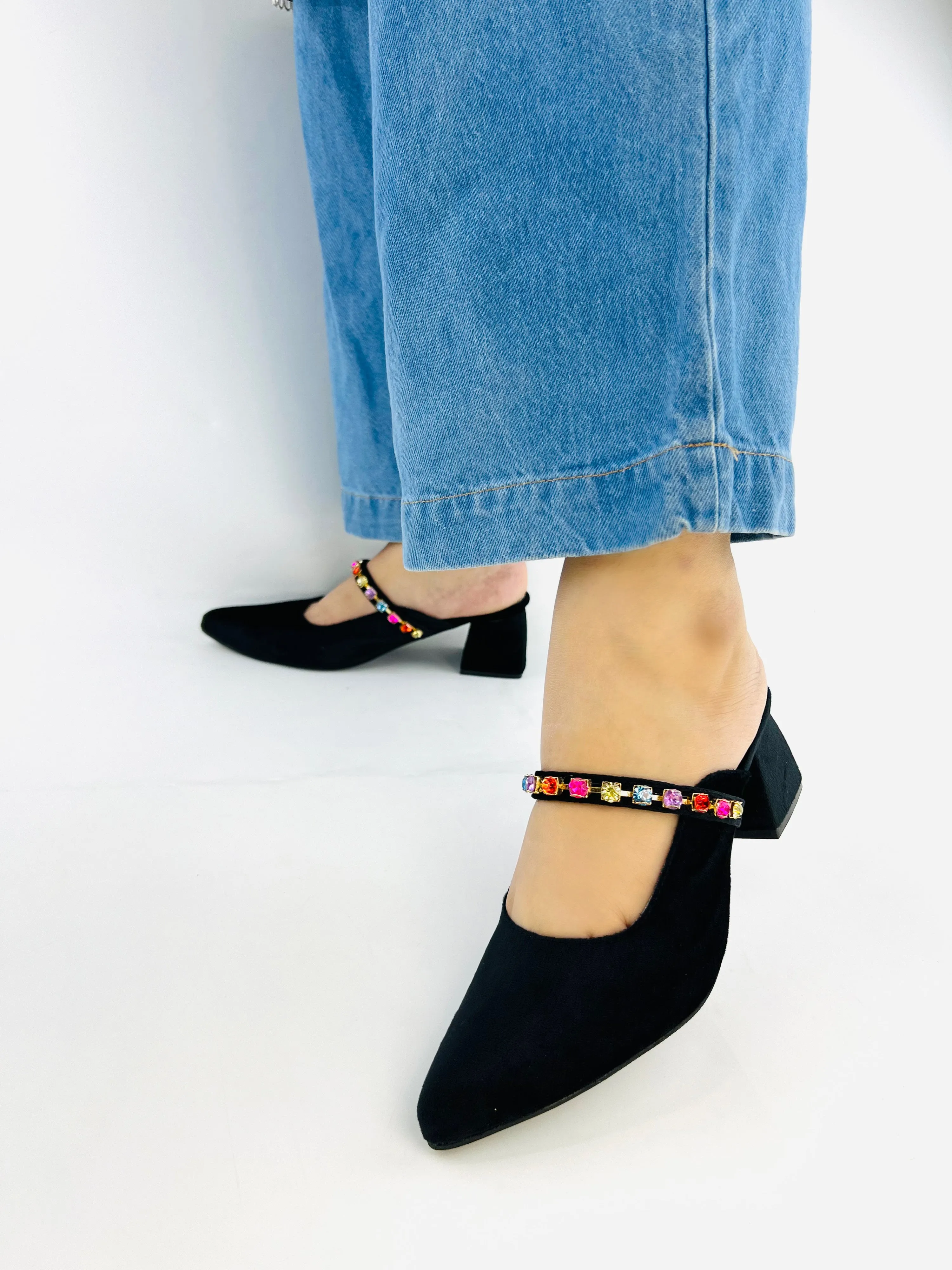 Spunkz Jewel Velvet Loafer Block Heel Shoes for Women-11006