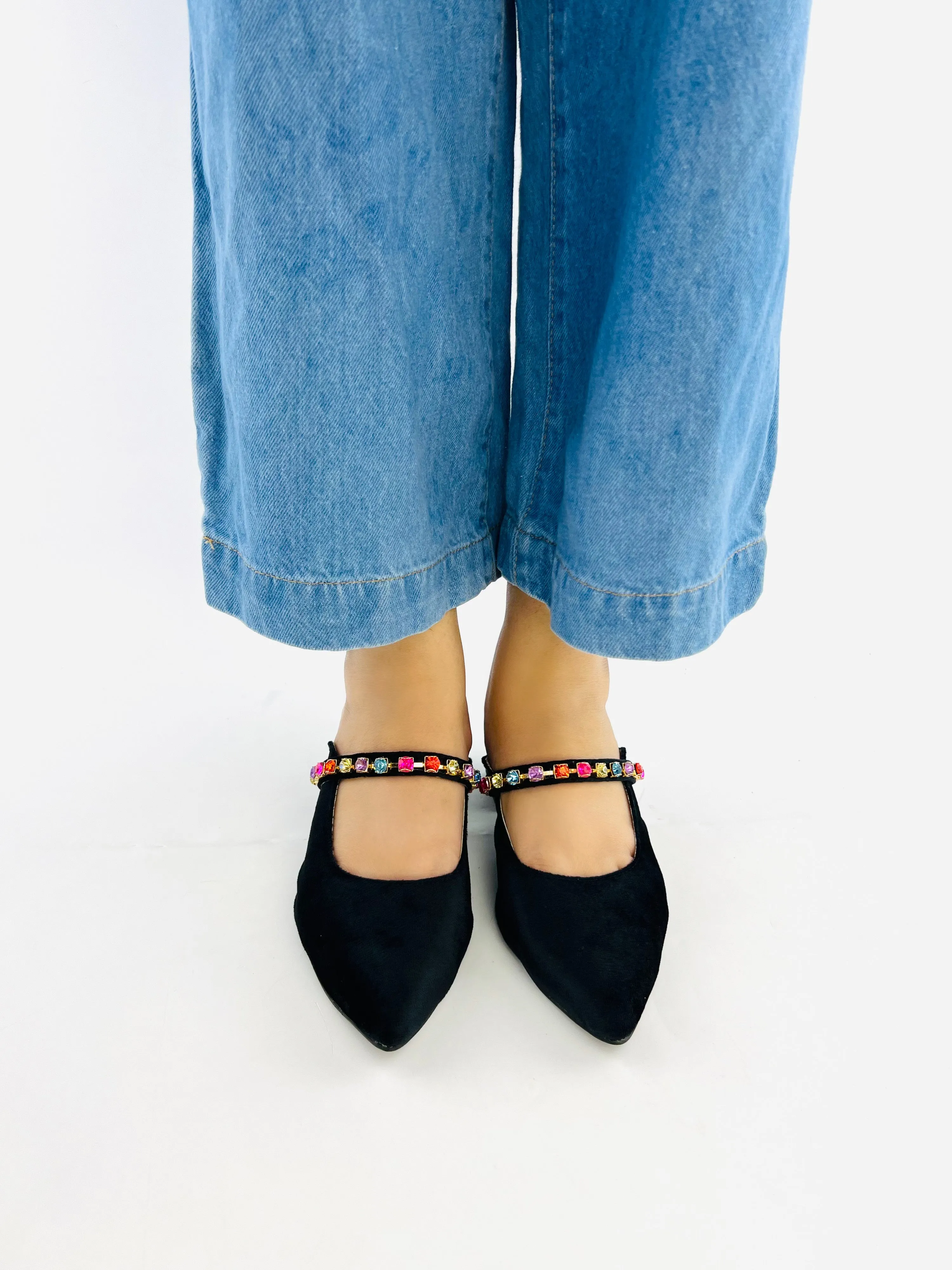 Spunkz Jewel Velvet Loafer Block Heel Shoes for Women-11006