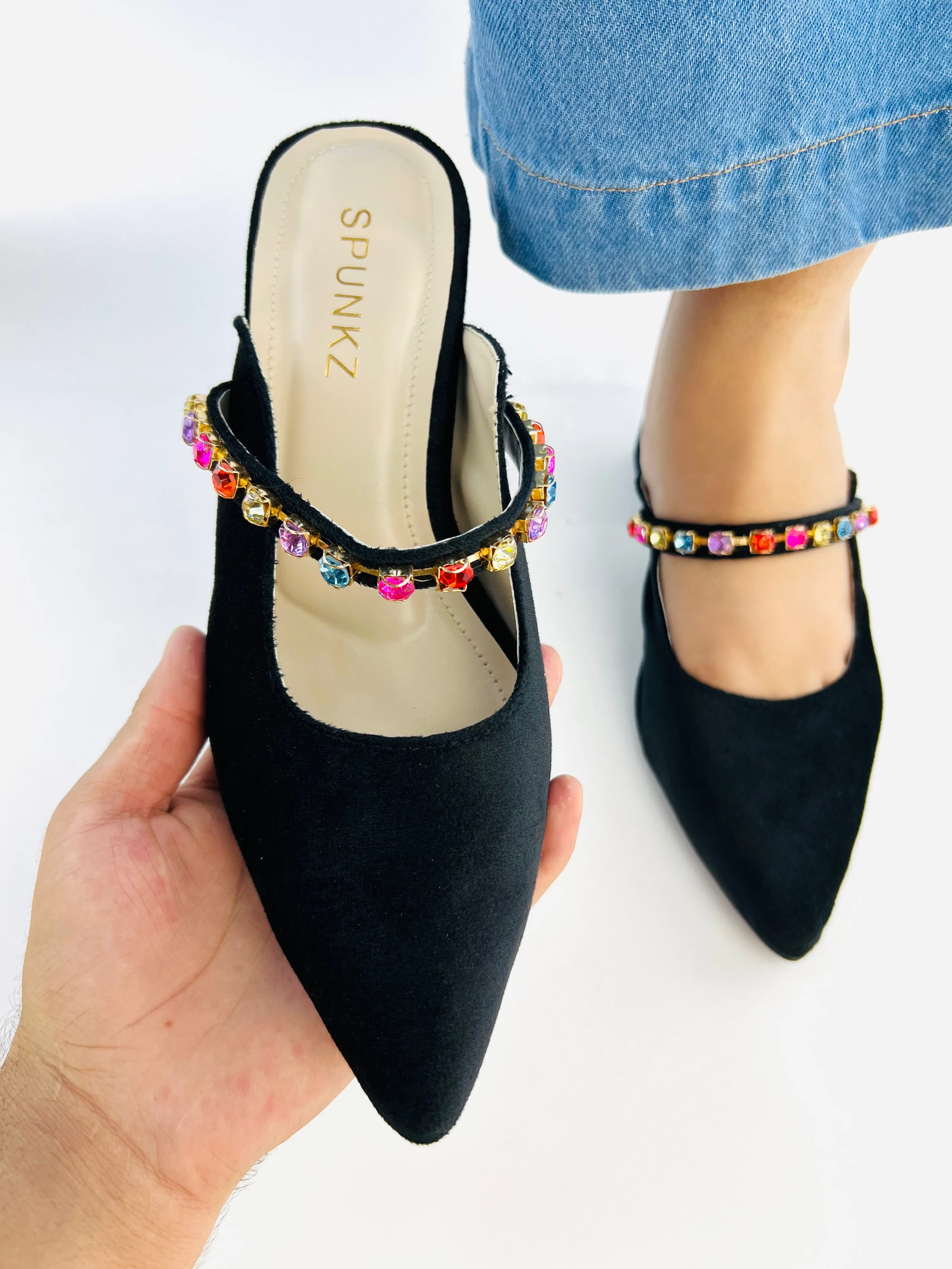 Spunkz Jewel Velvet Loafer Block Heel Shoes for Women-11006