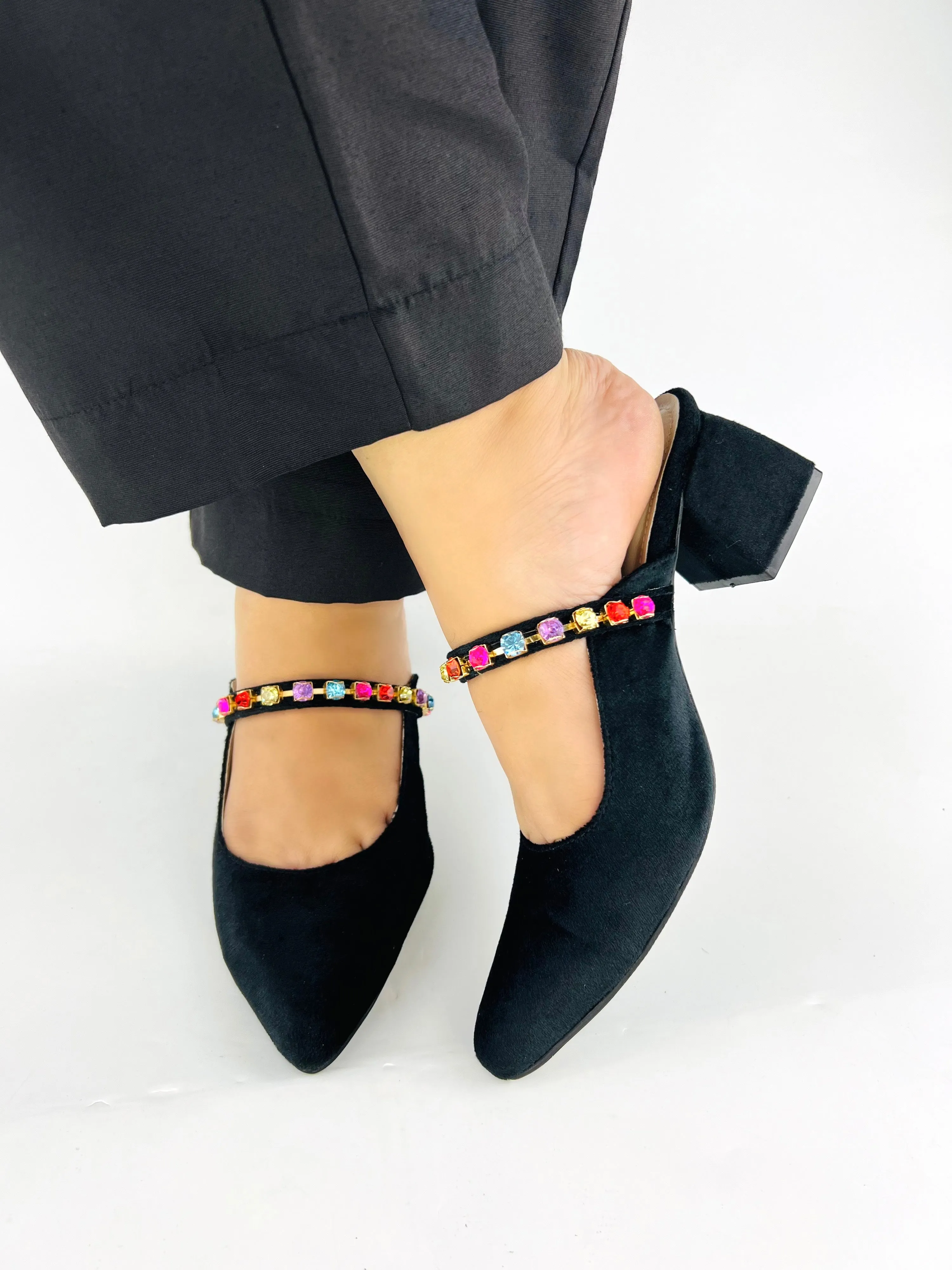 Spunkz Jewel Velvet Loafer Block Heel Shoes for Women-11006