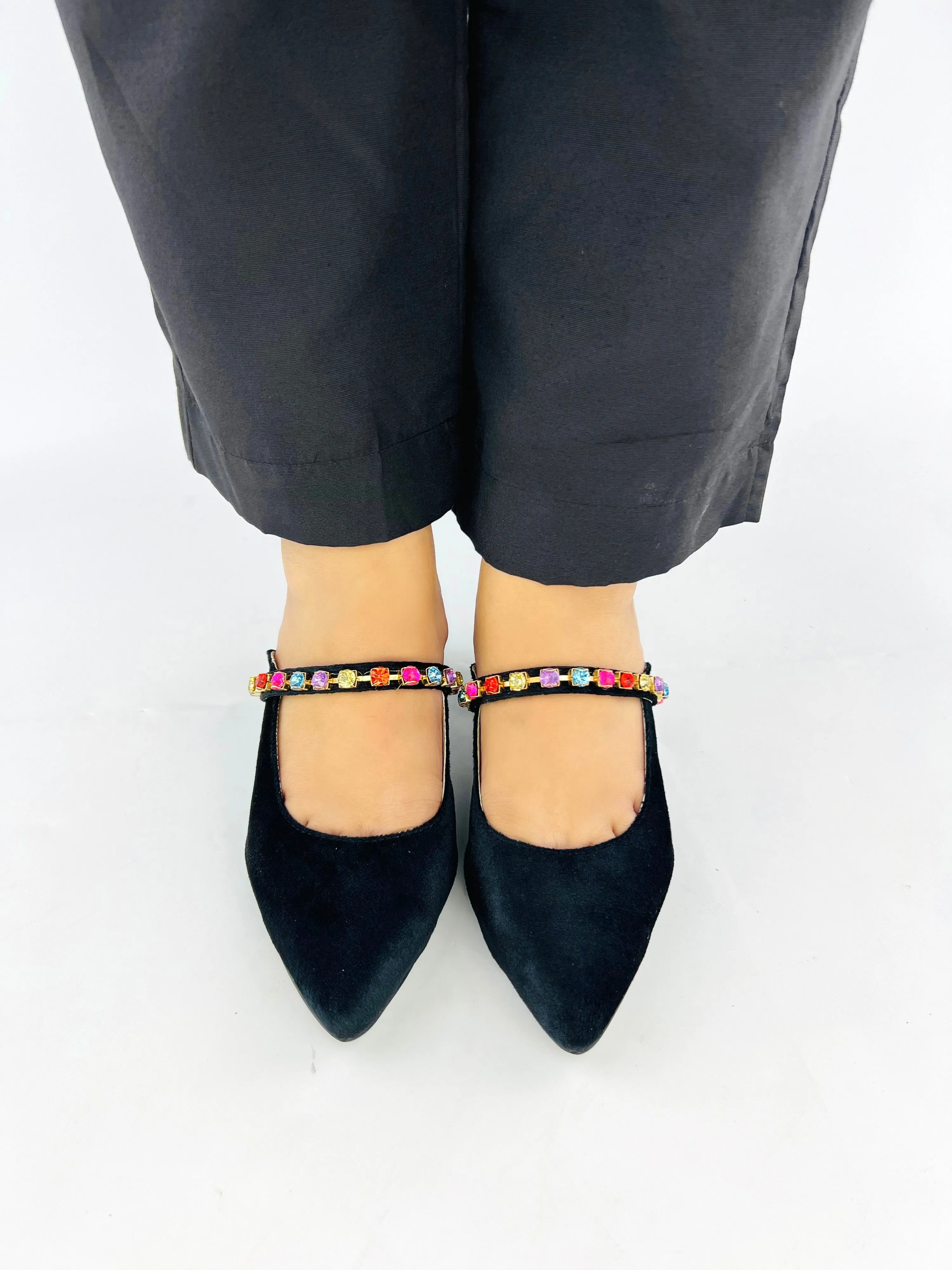 Spunkz Jewel Velvet Loafer Block Heel Shoes for Women-11006