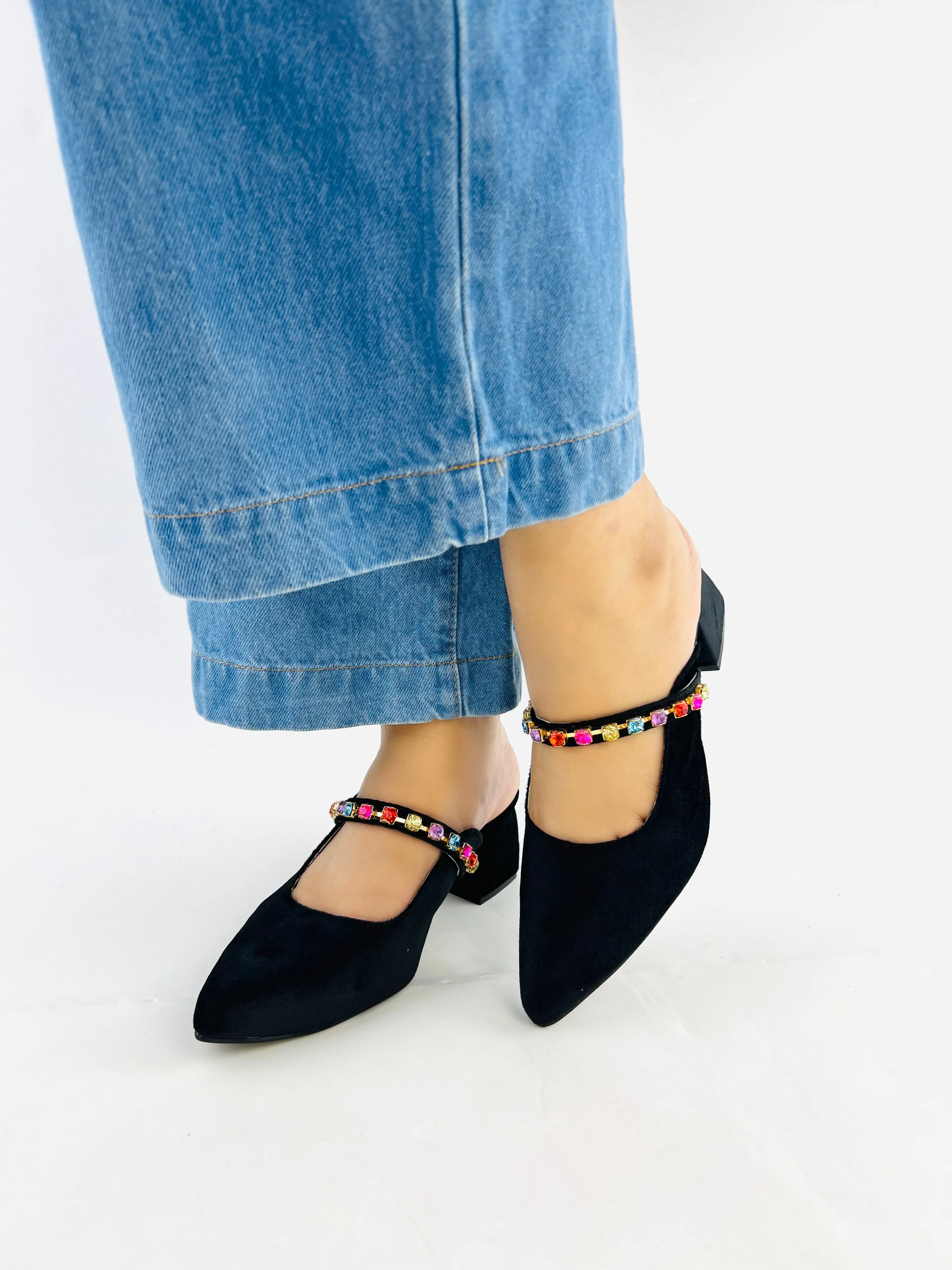 Spunkz Jewel Velvet Loafer Block Heel Shoes for Women-11006