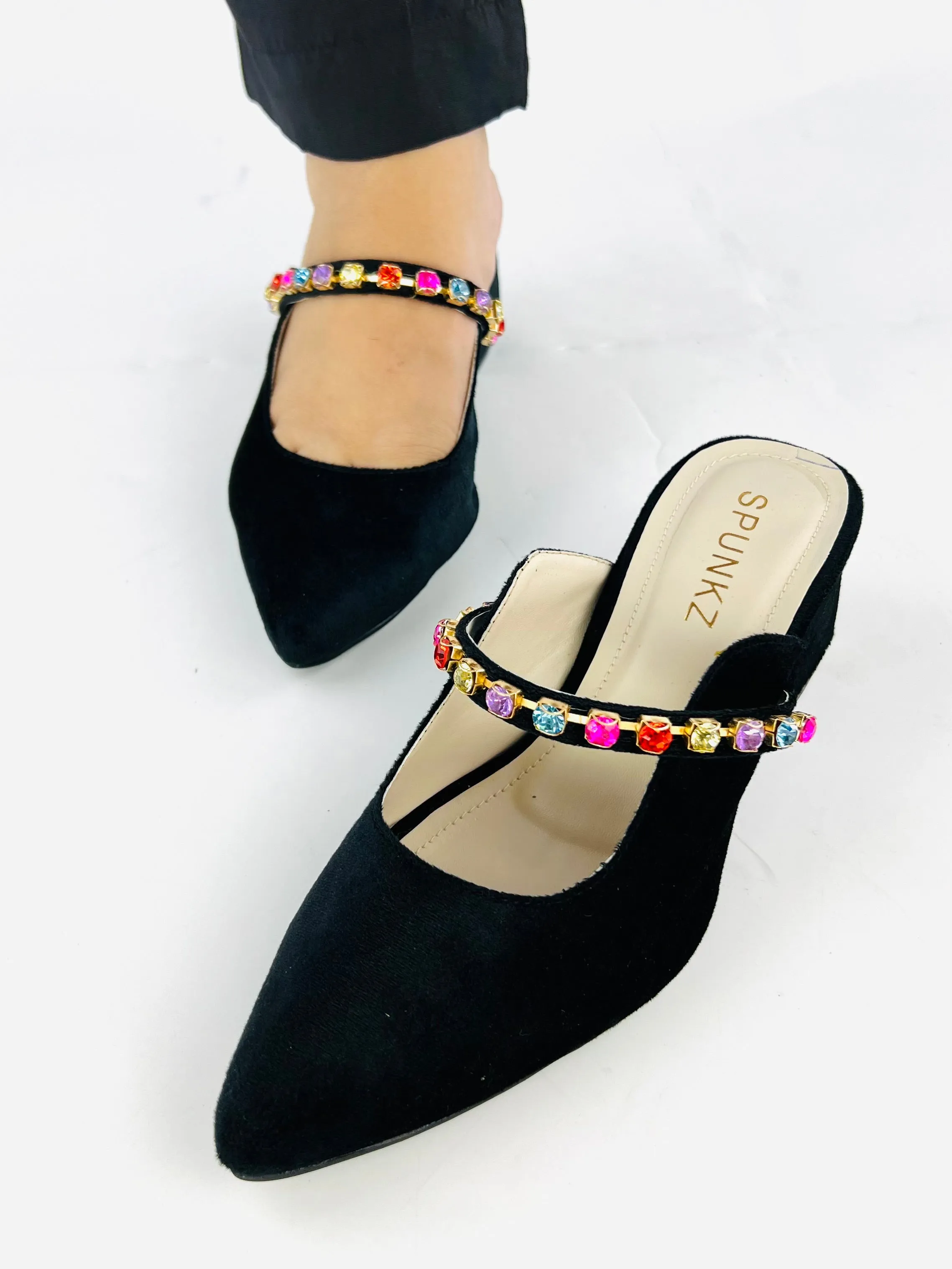 Spunkz Jewel Velvet Loafer Block Heel Shoes for Women-11006