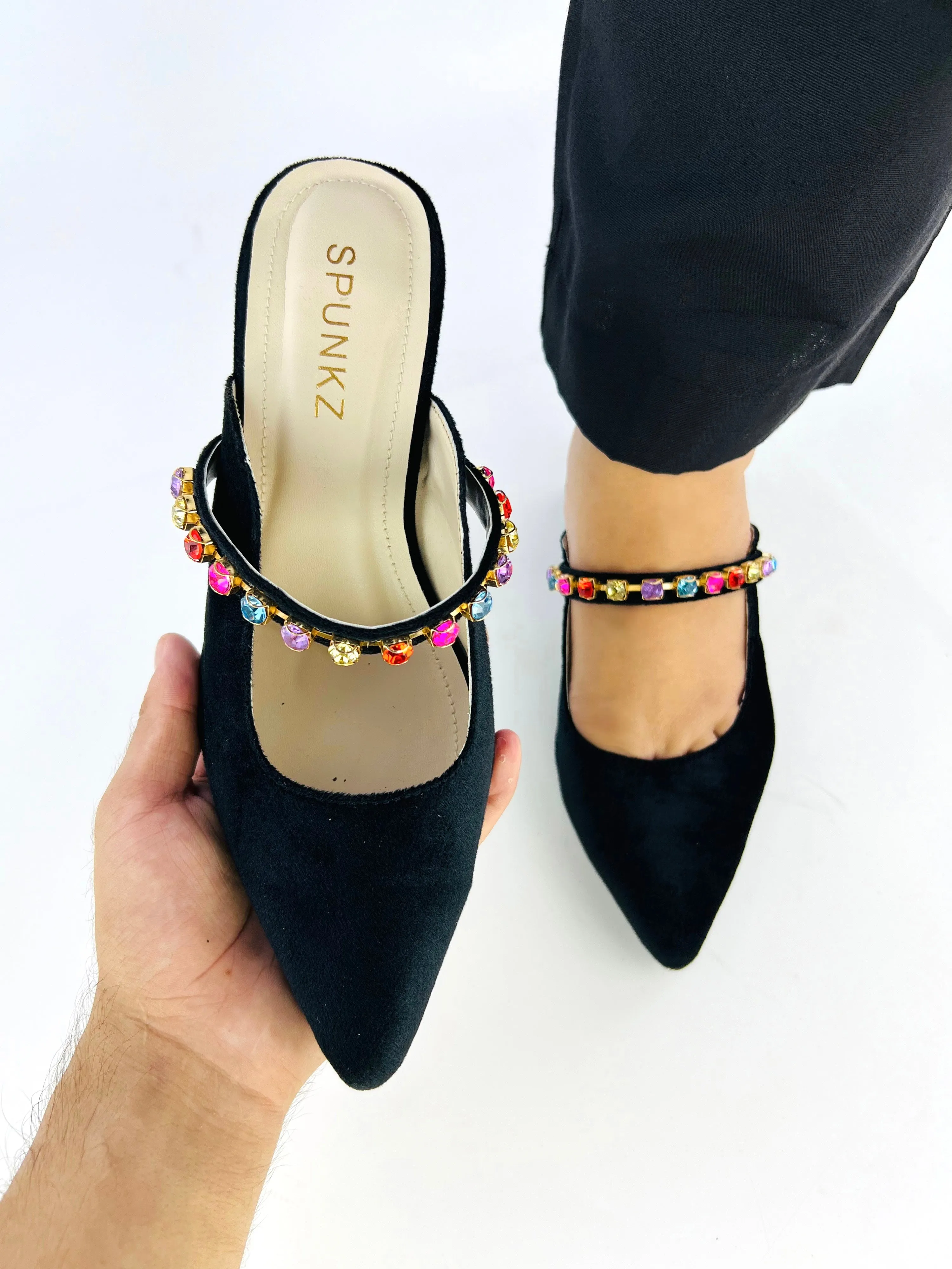Spunkz Jewel Velvet Loafer Block Heel Shoes for Women-11006