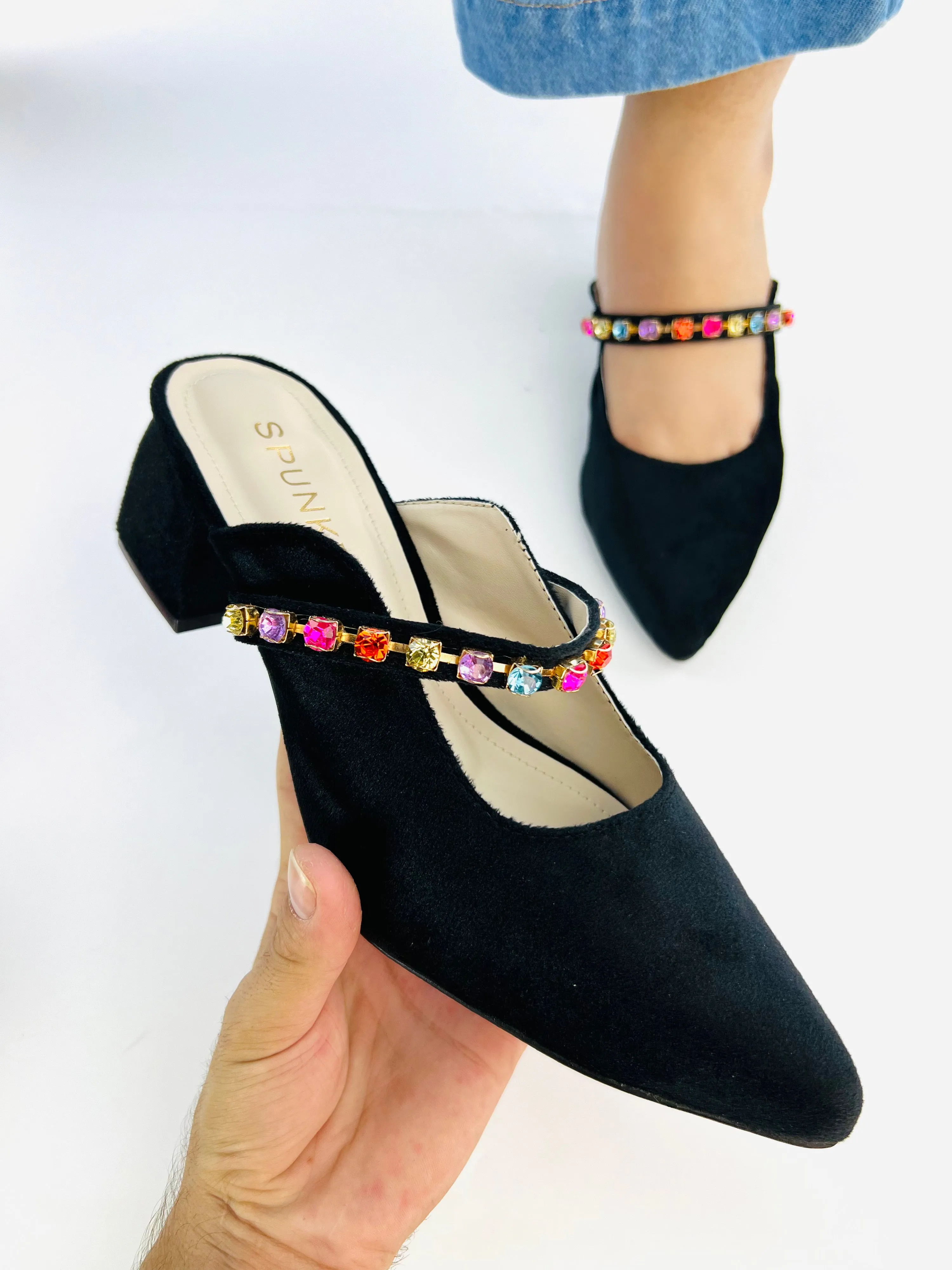 Spunkz Jewel Velvet Loafer Block Heel Shoes for Women-11006