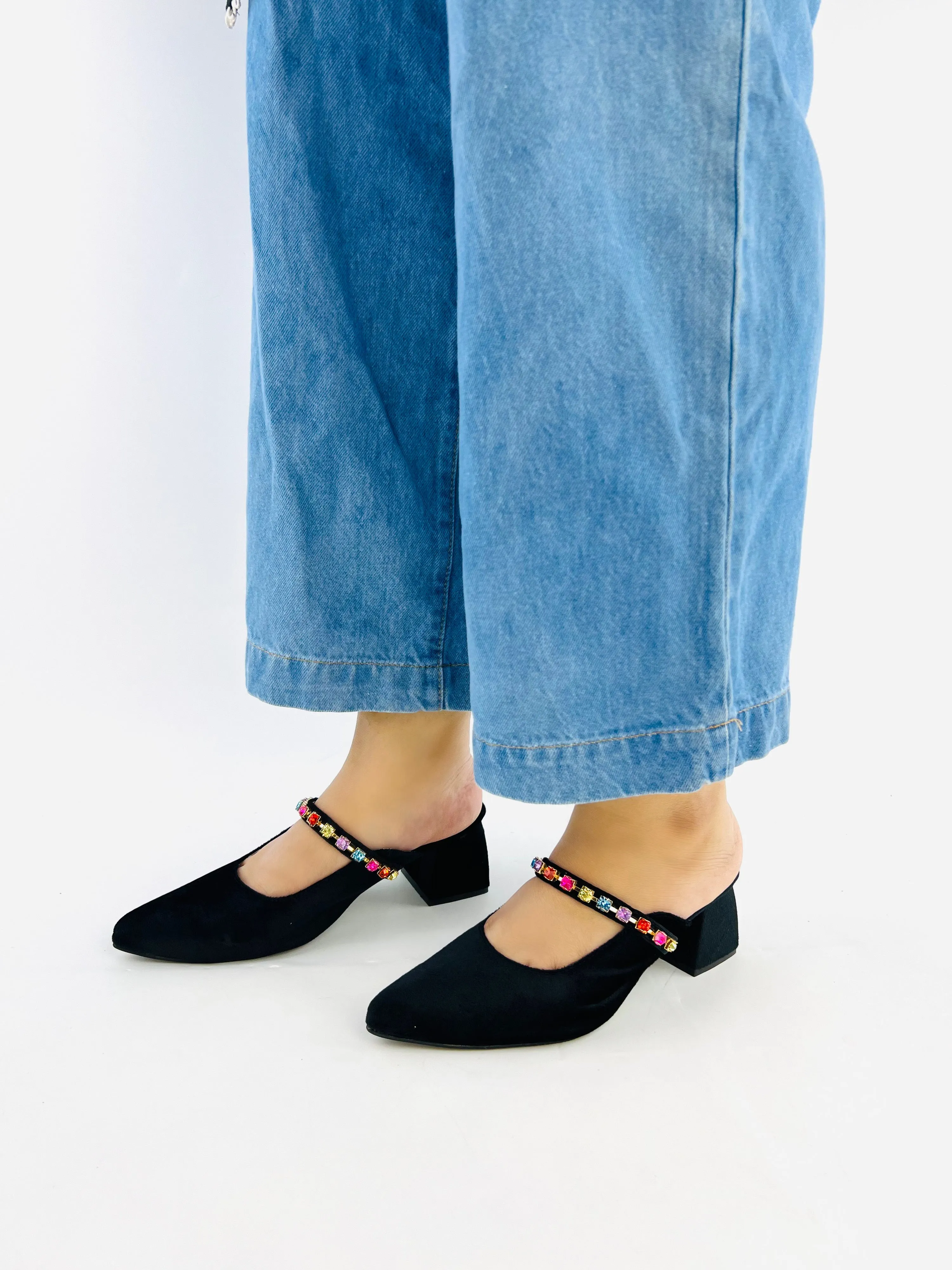 Spunkz Jewel Velvet Loafer Block Heel Shoes for Women-11006