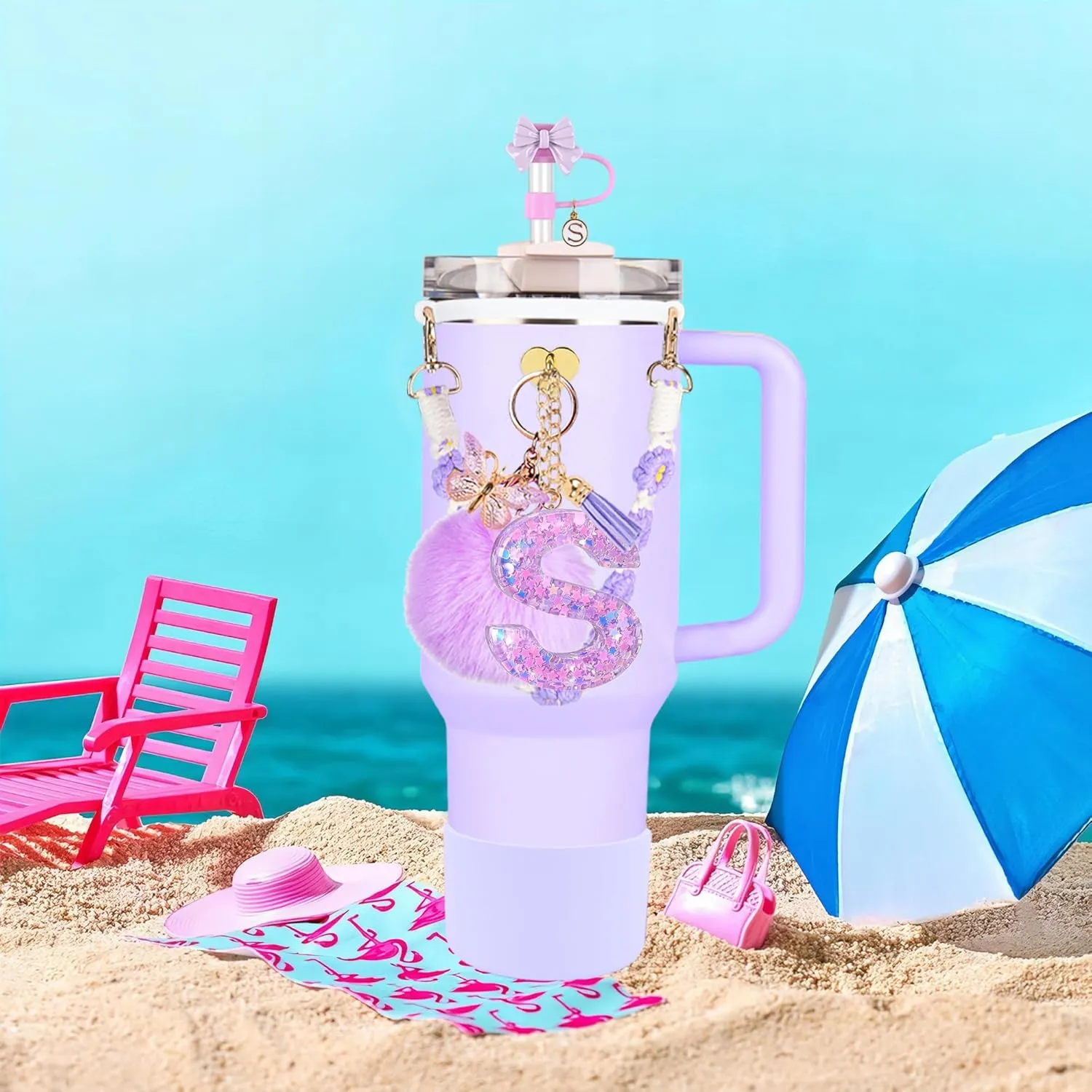 Stanley Cup Accessories Set, 10mm Stanley Straw Topper, Siliocne Boot, Water Bottle Handle Strap, Letter Charms for Cup 40oz 30oz Tumbler (S)