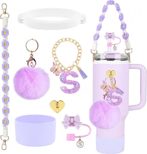 Stanley Cup Accessories Set, 10mm Stanley Straw Topper, Siliocne Boot, Water Bottle Handle Strap, Letter Charms for Cup 40oz 30oz Tumbler (S)