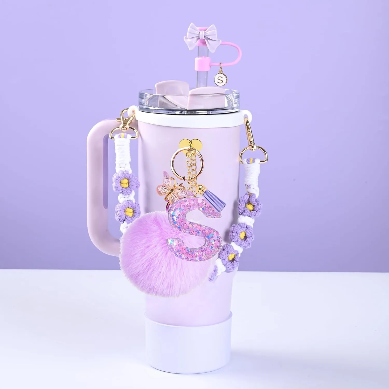 Stanley Cup Accessories Set, 10mm Stanley Straw Topper, Siliocne Boot, Water Bottle Handle Strap, Letter Charms for Cup 40oz 30oz Tumbler (S)