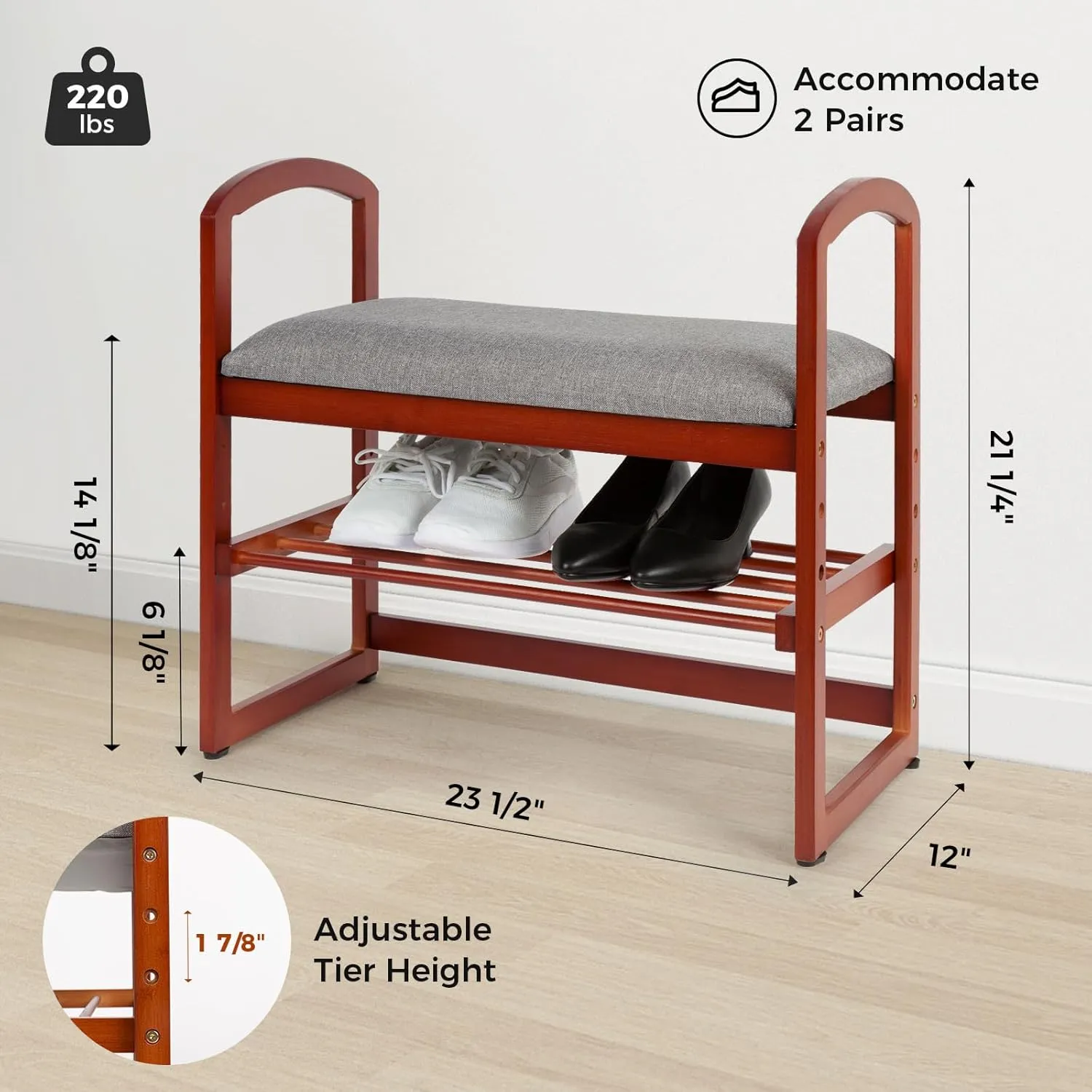 StrongTek Elderly-Friendly Bamboo Shoe Bench with Armrests, Lightweight with 220 lbs Capacity, Entryway Bench with Soft Cushion, Small Shoe Rack for Up to 4 Pairs of Shoes, Suitable for All Ages