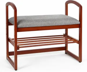 StrongTek Elderly-Friendly Bamboo Shoe Bench with Armrests, Lightweight with 220 lbs Capacity, Entryway Bench with Soft Cushion, Small Shoe Rack for Up to 4 Pairs of Shoes, Suitable for All Ages