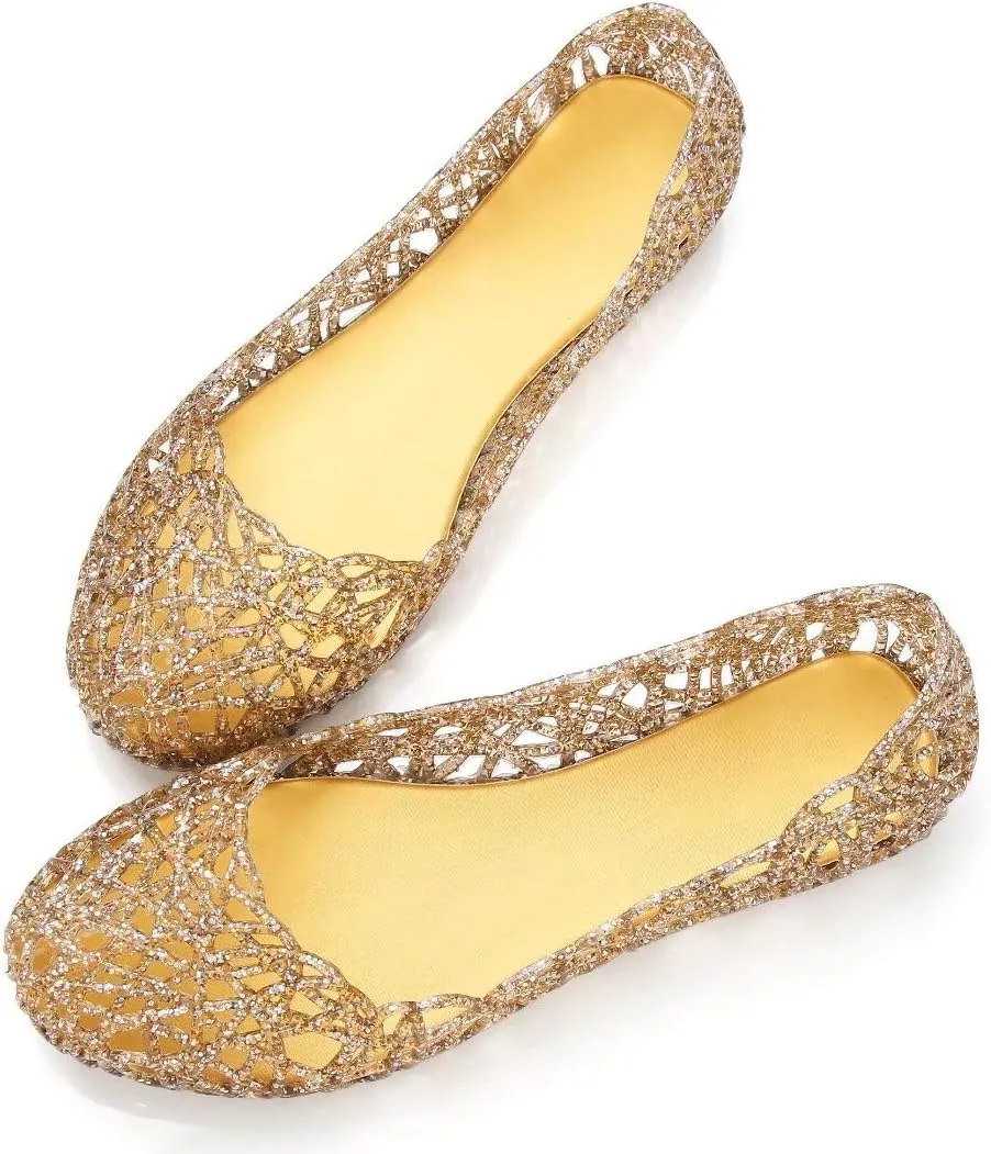 Stunner Women's Beach Jelly Shoes Slip On Crystal Summer Soft Hollow Ballet Flats