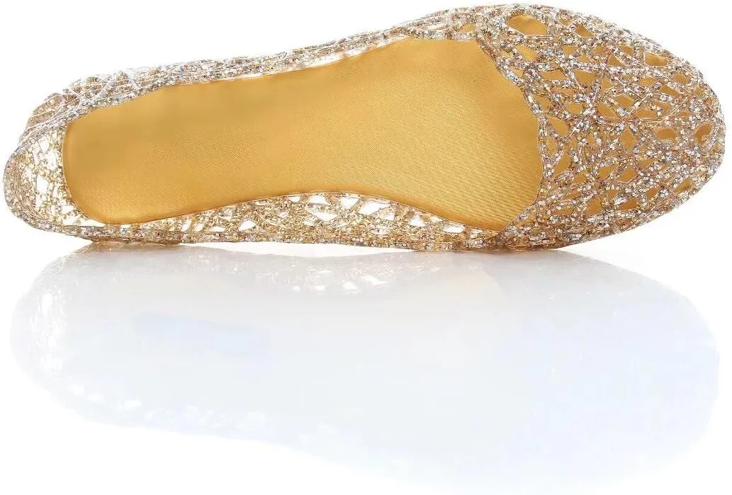 Stunner Women's Beach Jelly Shoes Slip On Crystal Summer Soft Hollow Ballet Flats