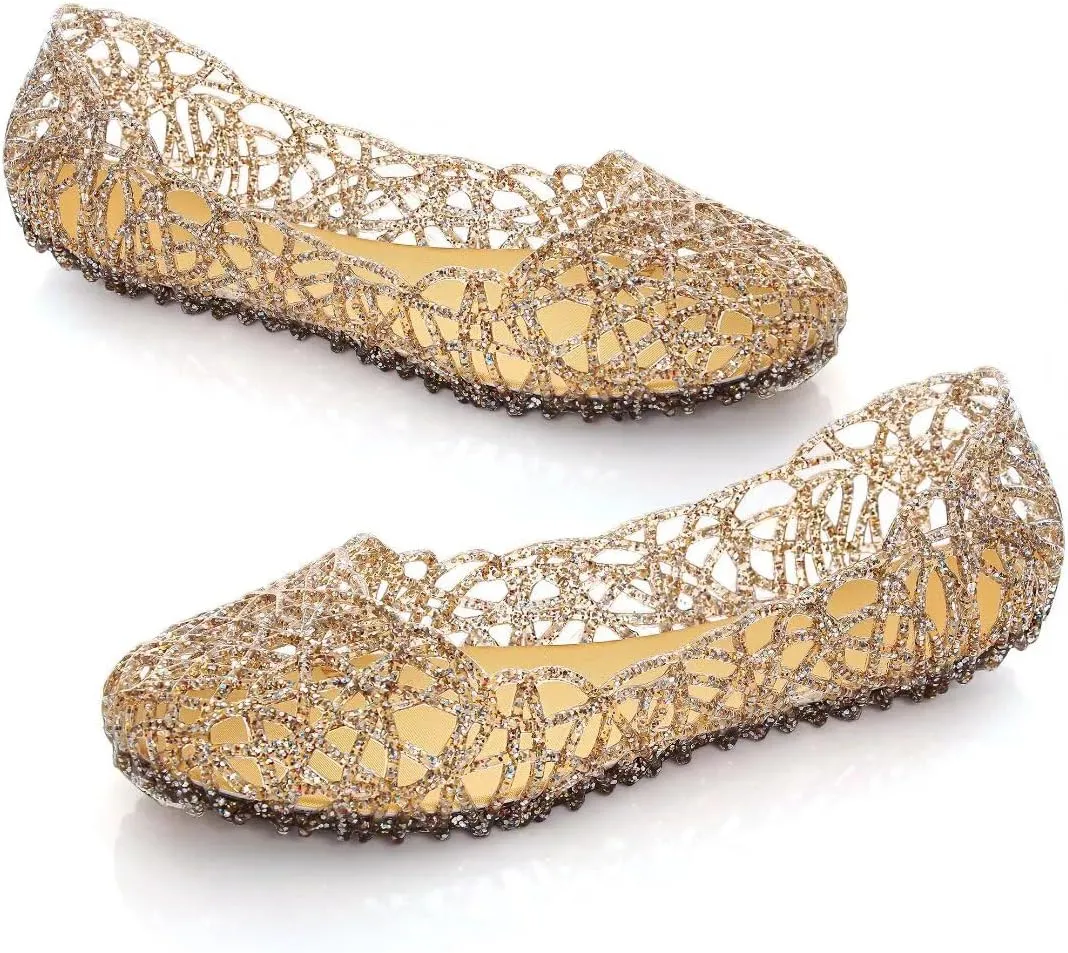 Stunner Women's Beach Jelly Shoes Slip On Crystal Summer Soft Hollow Ballet Flats