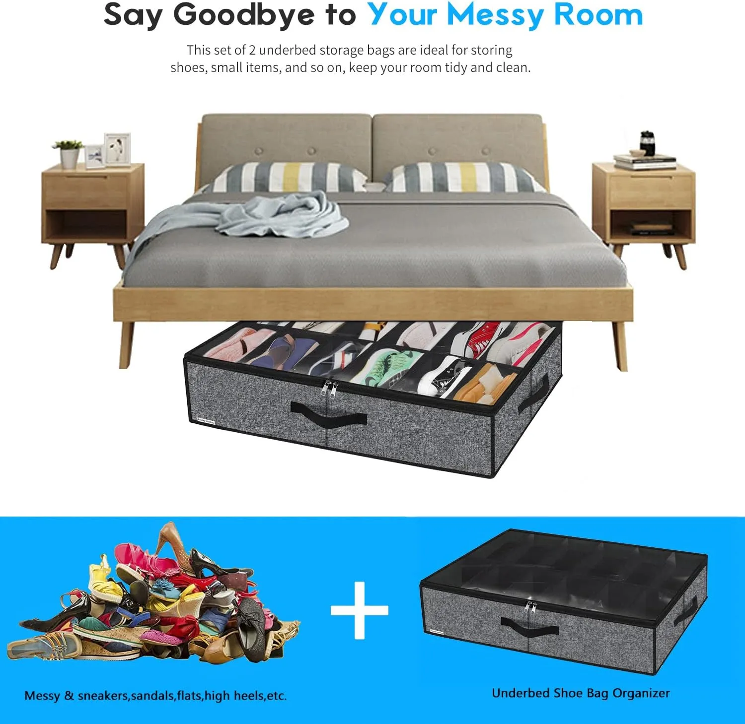 Sturdy Under Bed Shoe Storage Organizers 2 Pack, Fit Total 24 Pairs, Large Underbed Closet Shoes Box Container Bag with Clear Cover, Breathable, 29.3x23.6x5.9 inches, Black, ZMBCUBSB2P