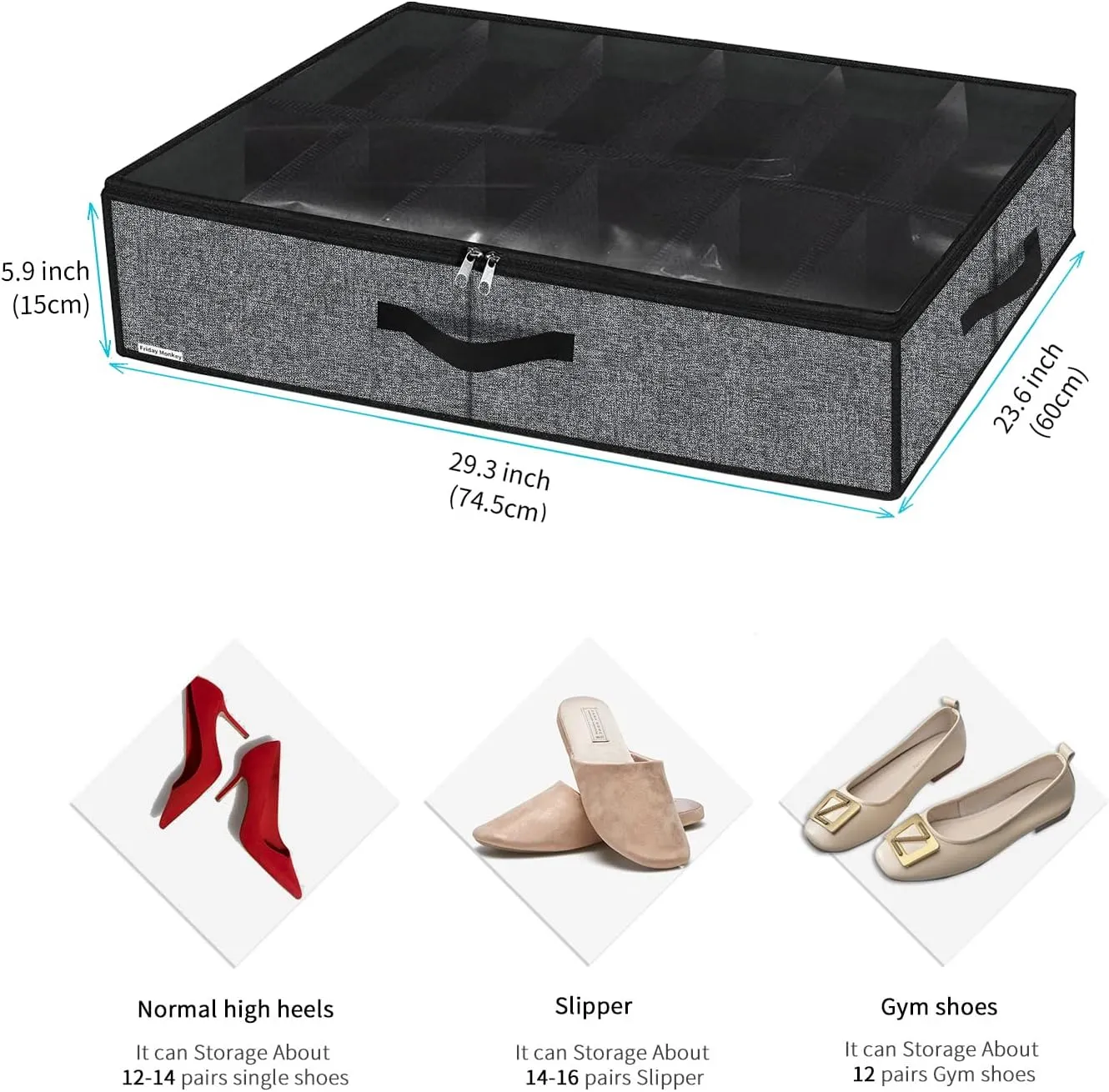 Sturdy Under Bed Shoe Storage Organizers 2 Pack, Fit Total 24 Pairs, Large Underbed Closet Shoes Box Container Bag with Clear Cover, Breathable, 29.3x23.6x5.9 inches, Black, ZMBCUBSB2P