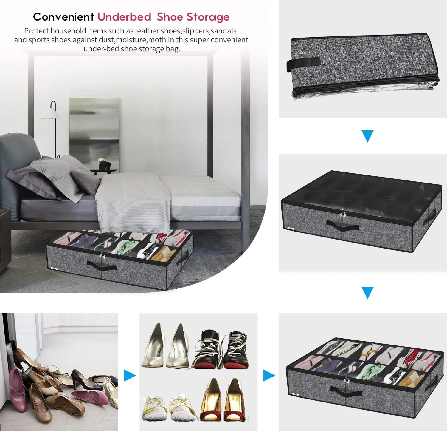 Sturdy Under Bed Shoe Storage Organizers 2 Pack, Fit Total 24 Pairs, Large Underbed Closet Shoes Box Container Bag with Clear Cover, Breathable, 29.3x23.6x5.9 inches, Black, ZMBCUBSB2P