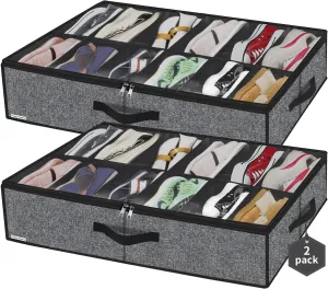 Sturdy Under Bed Shoe Storage Organizers 2 Pack, Fit Total 24 Pairs, Large Underbed Closet Shoes Box Container Bag with Clear Cover, Breathable, 29.3x23.6x5.9 inches, Black, ZMBCUBSB2P