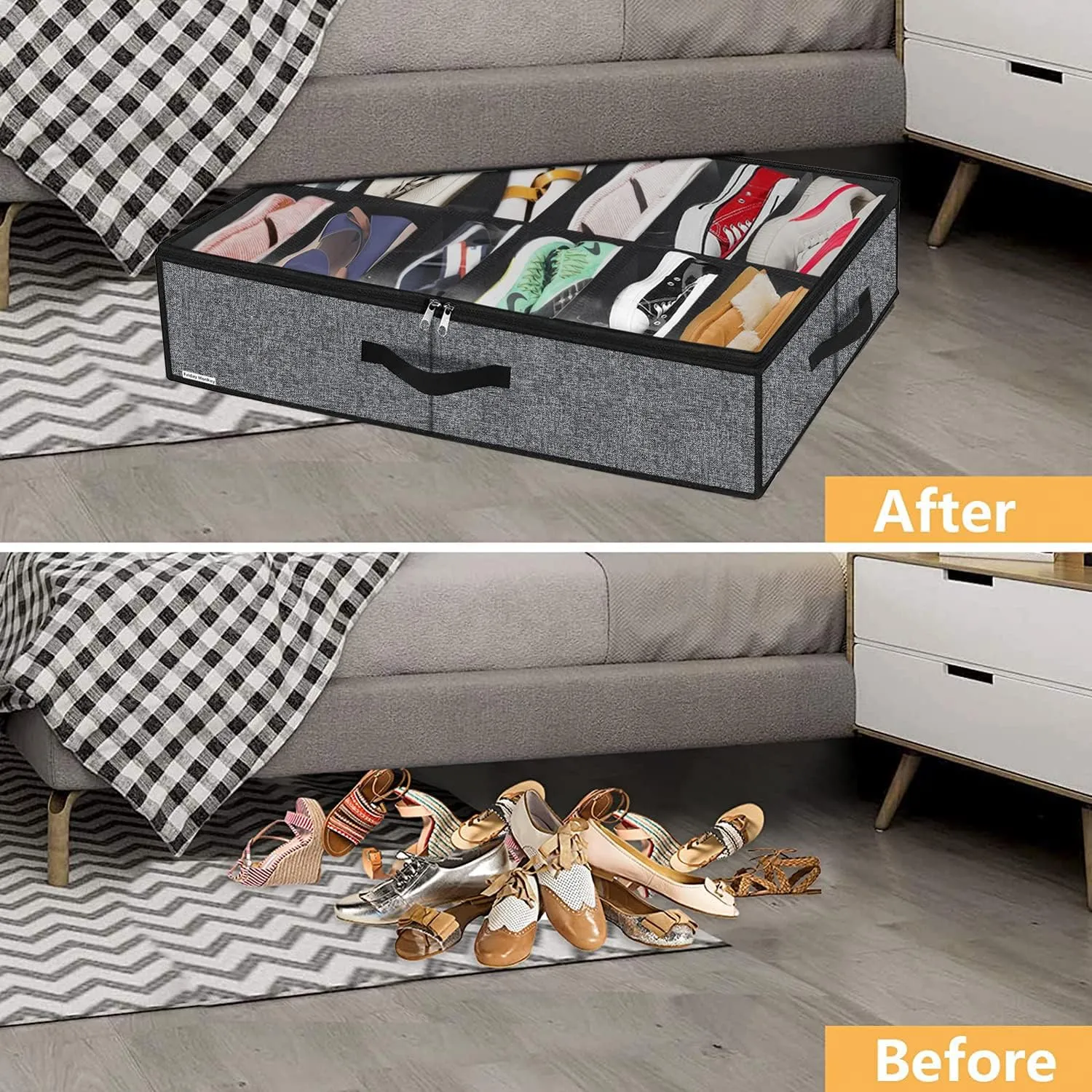 Sturdy Under Bed Shoe Storage Organizers 2 Pack, Fit Total 24 Pairs, Large Underbed Closet Shoes Box Container Bag with Clear Cover, Breathable, 29.3x23.6x5.9 inches, Black, ZMBCUBSB2P