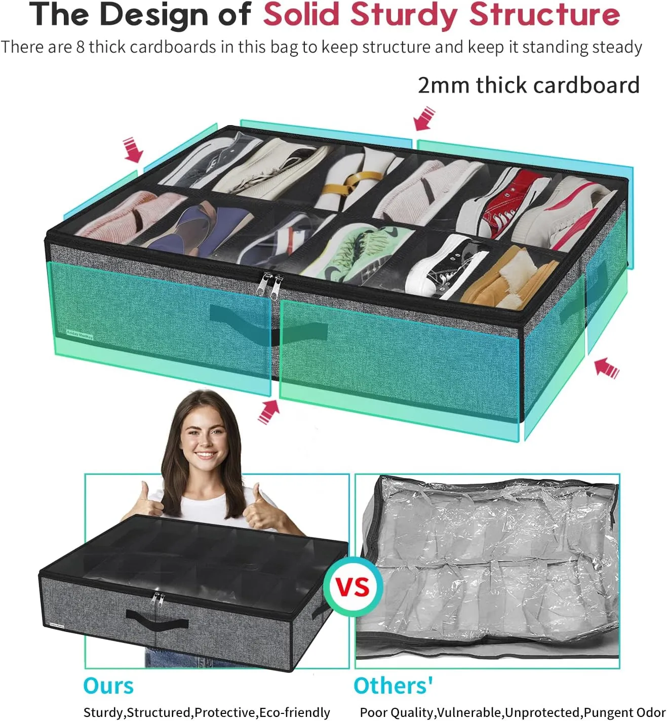 Sturdy Under Bed Shoe Storage Organizers 2 Pack, Fit Total 24 Pairs, Large Underbed Closet Shoes Box Container Bag with Clear Cover, Breathable, 29.3x23.6x5.9 inches, Black, ZMBCUBSB2P