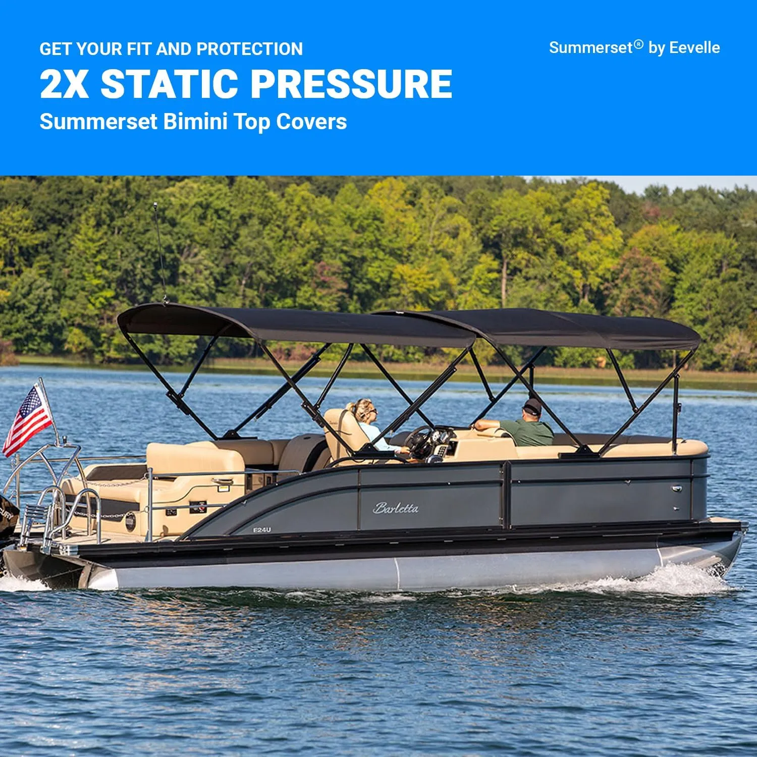 Summerset Eevelle Premium Bimini 4 Bow Pontoon Top Includes 1" Aluminum Frame & Hardware, Waterproof Solution Dyed 600D Fabric, Marine Grade Material, UV-Resistant, 54" H