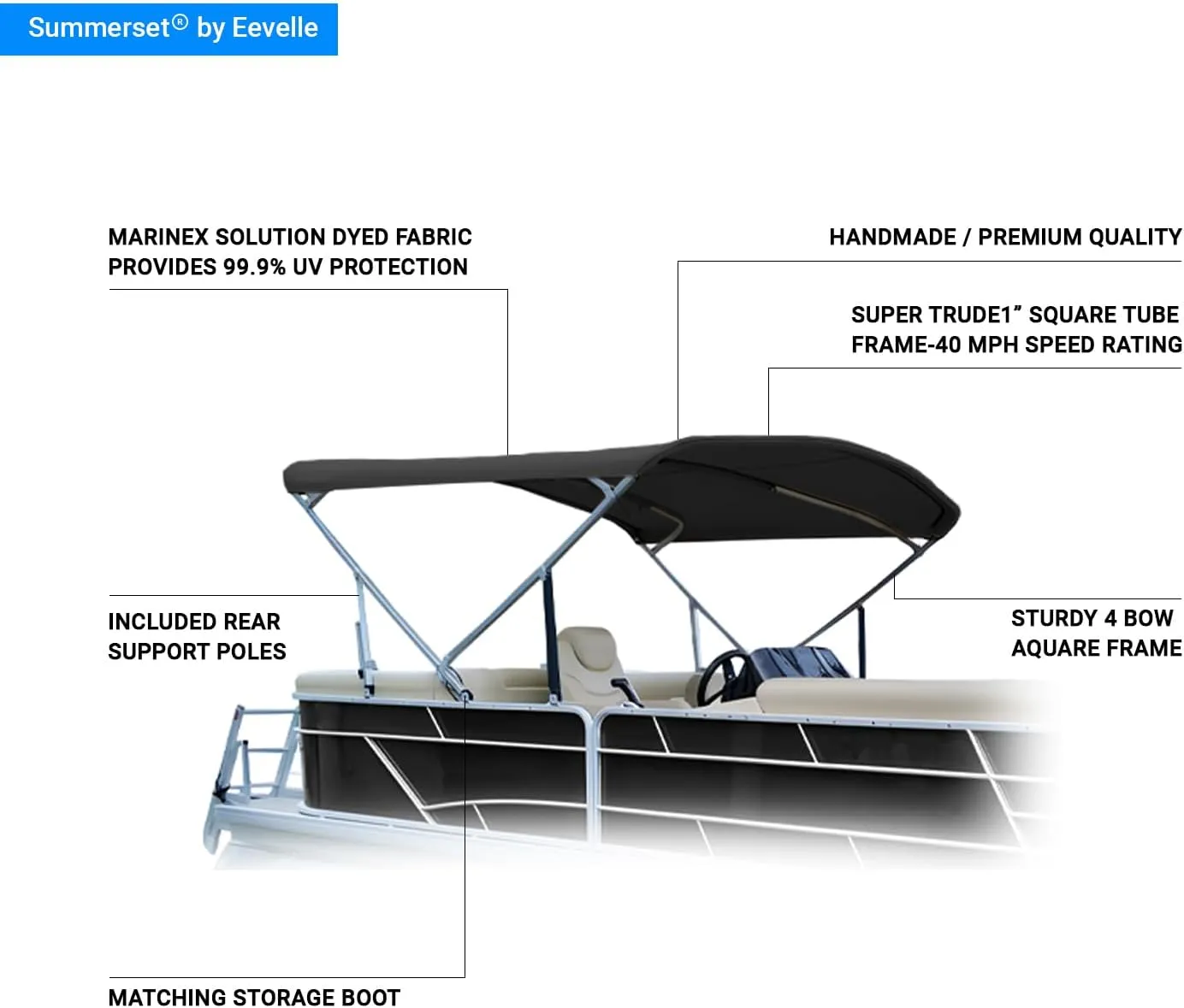 Summerset Eevelle Premium Bimini 4 Bow Pontoon Top Includes 1" Aluminum Frame & Hardware, Waterproof Solution Dyed 600D Fabric, Marine Grade Material, UV-Resistant, 54" H