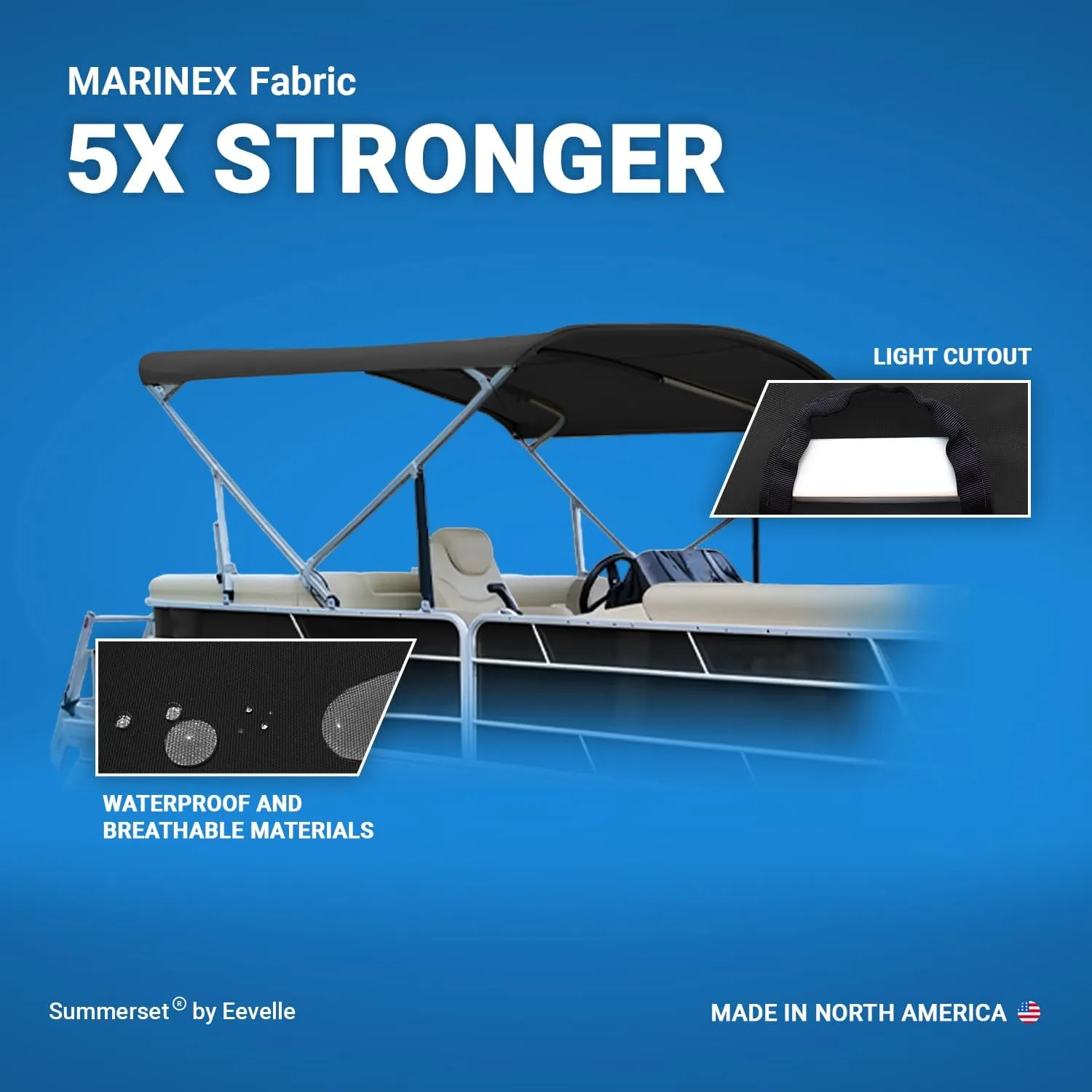 Summerset Eevelle Premium Bimini 4 Bow Pontoon Top Includes 1" Aluminum Frame & Hardware, Waterproof Solution Dyed 600D Fabric, Marine Grade Material, UV-Resistant, 54" H