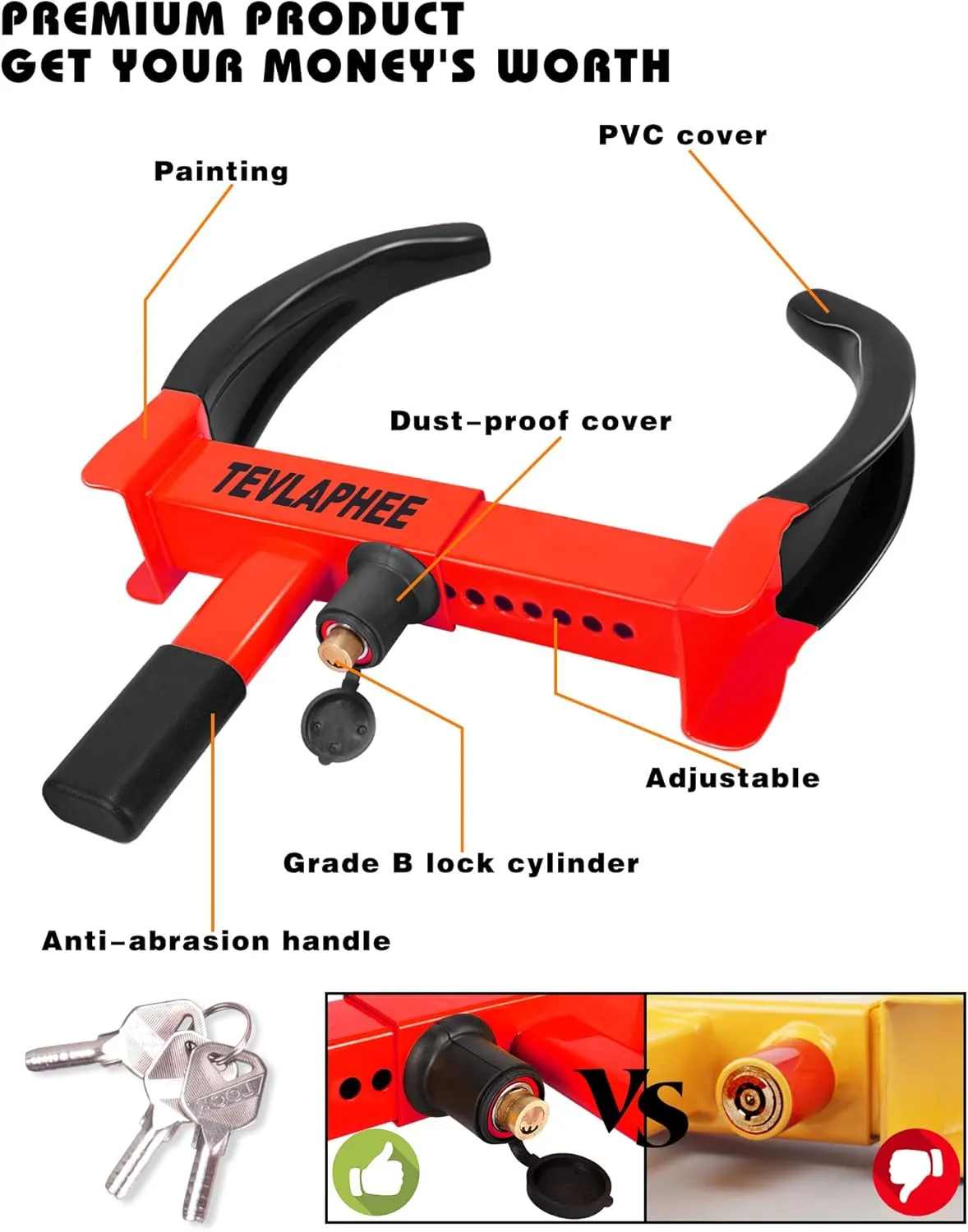 Tevlaphee Universal Wheel Lock Heavy Duty Security Trailer Wheel Lock Anti Theft Wheel Locks for Cars SUV Camper Motorcycle Trailer Great Deterrent Bright Color with 3 Keys (Black-red)