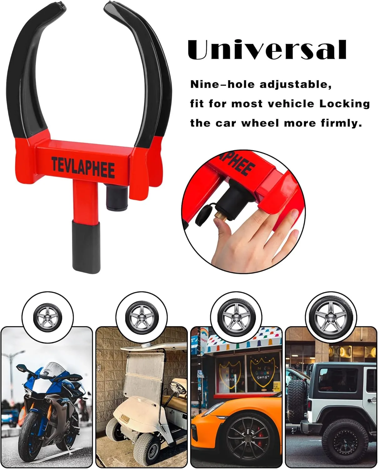 Tevlaphee Universal Wheel Lock Heavy Duty Security Trailer Wheel Lock Anti Theft Wheel Locks for Cars SUV Camper Motorcycle Trailer Great Deterrent Bright Color with 3 Keys (Black-red)