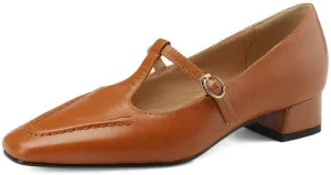 TinaCus Handmade Women's Genuine Leather Soft T-Strap Square Toe Slip On Chunky Heel Flats Shoes