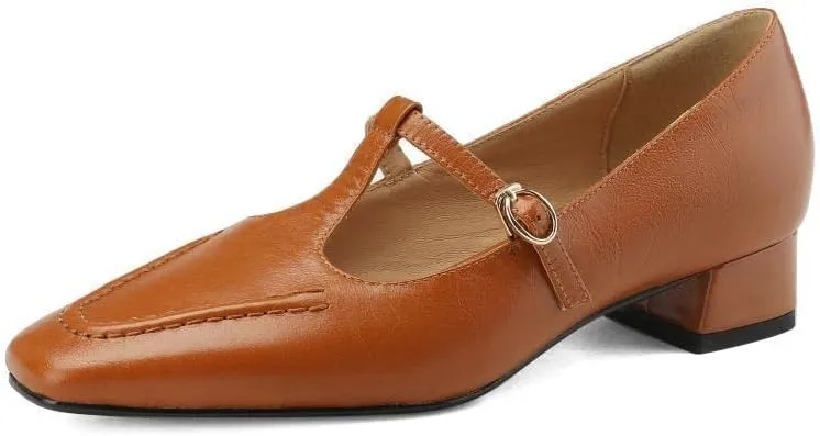 TinaCus Handmade Women's Genuine Leather Soft T-Strap Square Toe Slip On Chunky Heel Flats Shoes