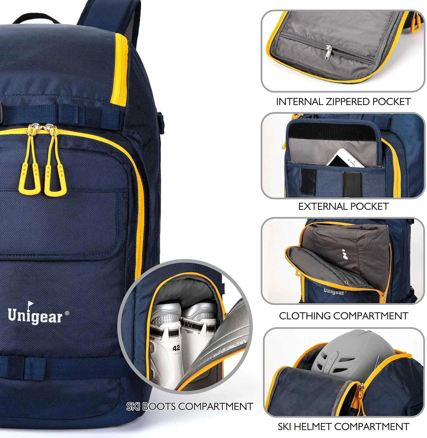 Unigear Ski Boot Bag, 50L Ski Boot Travel Backpack for Ski Helmet, Goggles, Gloves, Skis, Snowboard & Accessories (Blue)