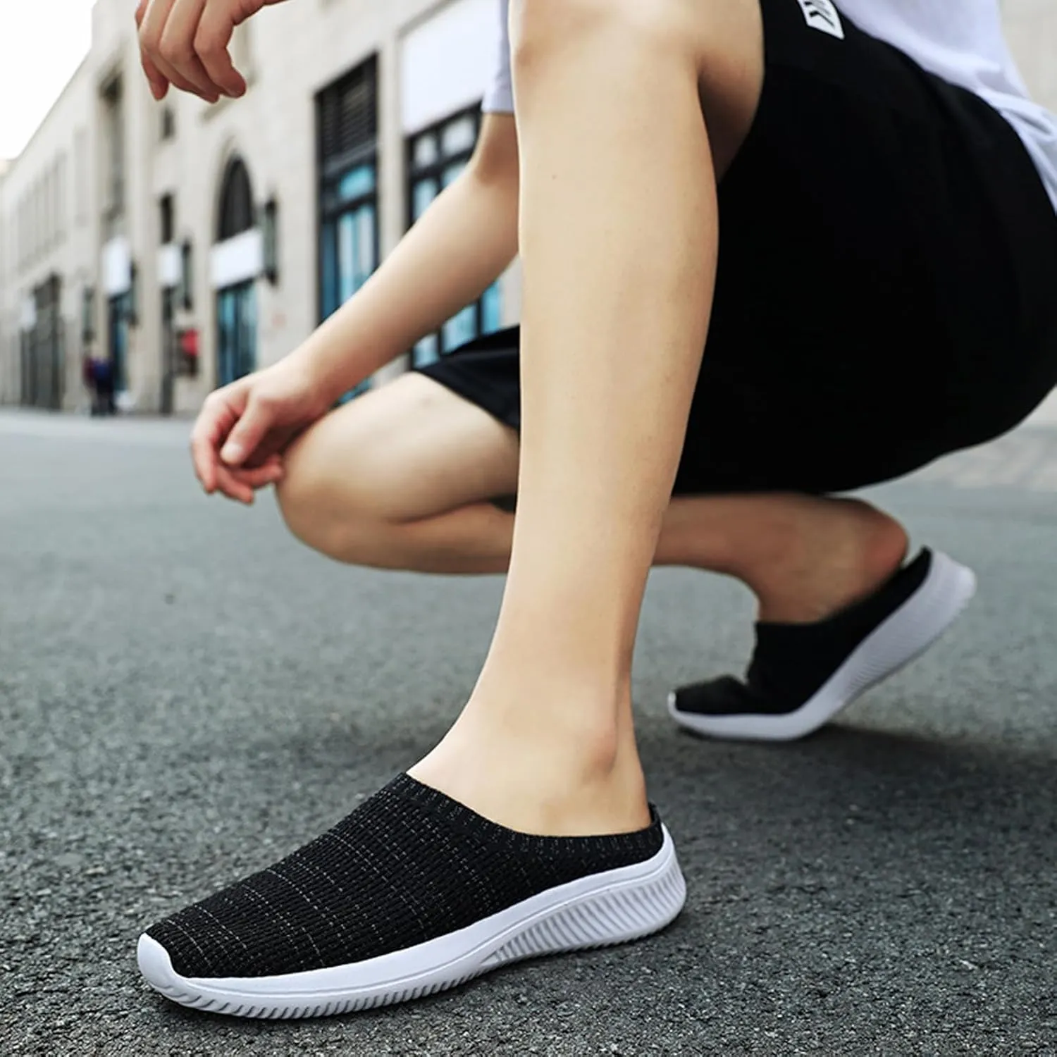 URLECHS Men's Breathable Mesh Backless Walking Shoes Lightweight Comfortable Slip On Knit Mules Casual Home Garden Clog Slippers